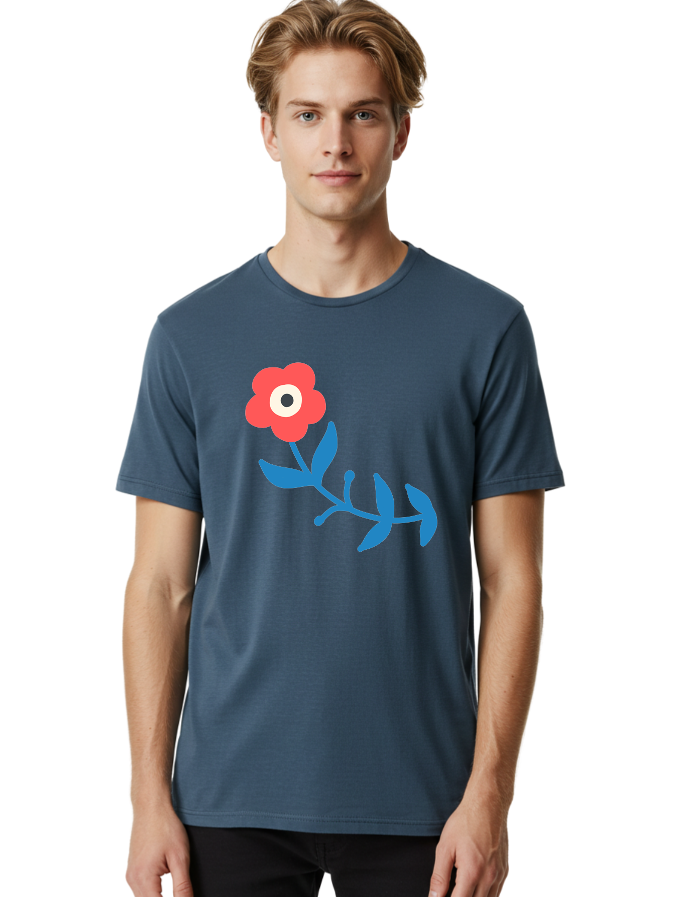 Red-Flower-With-Eye Men'S Graphic Tee, 100% Cotton, Comfortable Casual Summer Wear, Machine Washable, Stylized Red Flower, Blue Leaves, Floral Design, Abstract Art, Surrealism, Creative Expression, Unique Graphic, Simple Shapes, Bold Colors, Aab783