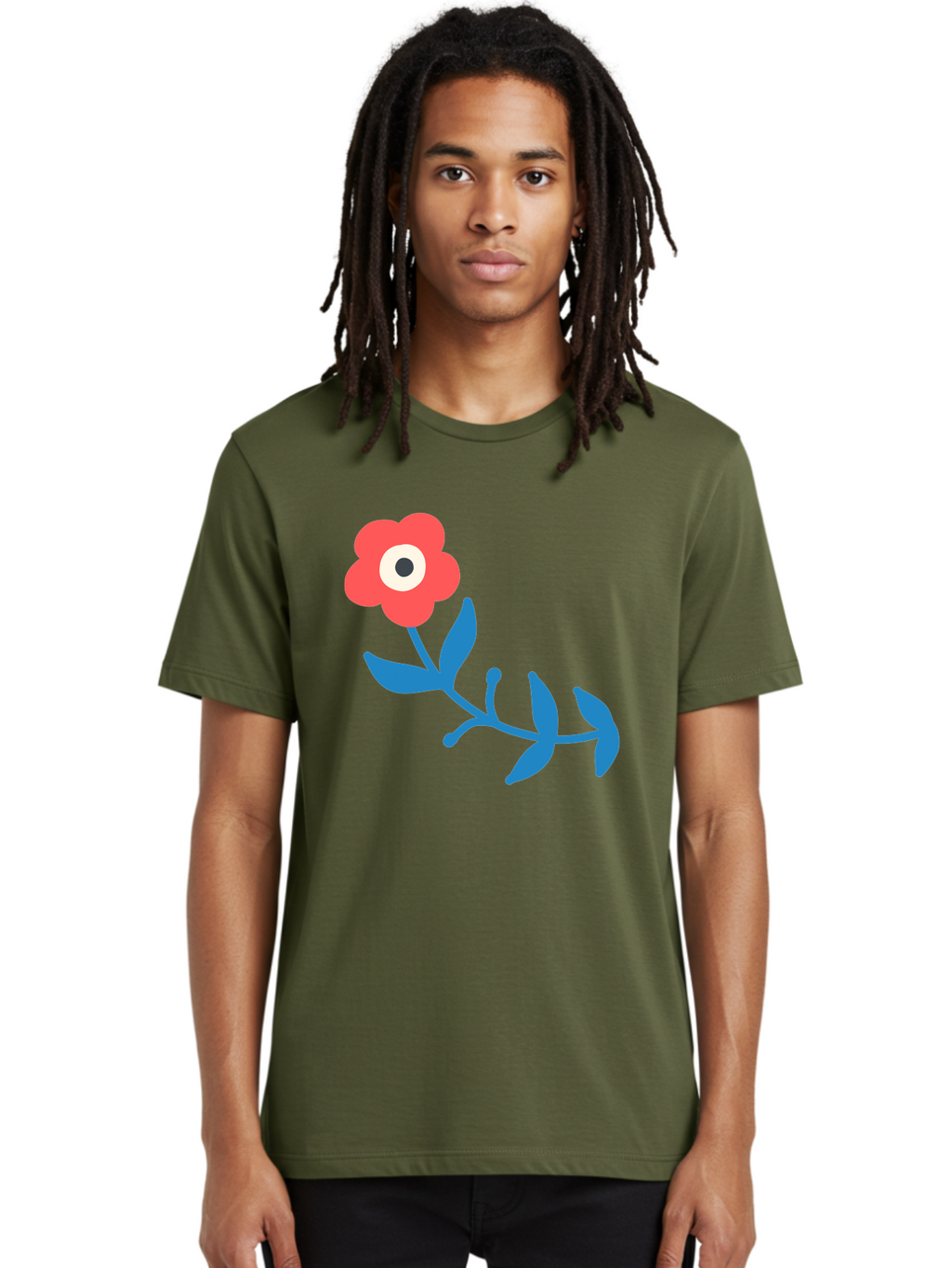 Red-Flower-With-Eye Men'S Graphic Tee, 100% Cotton, Comfortable Casual Summer Wear, Machine Washable, Stylized Red Flower, Blue Leaves, Floral Design, Abstract Art, Surrealism, Creative Expression, Unique Graphic, Simple Shapes, Bold Colors, Aab783