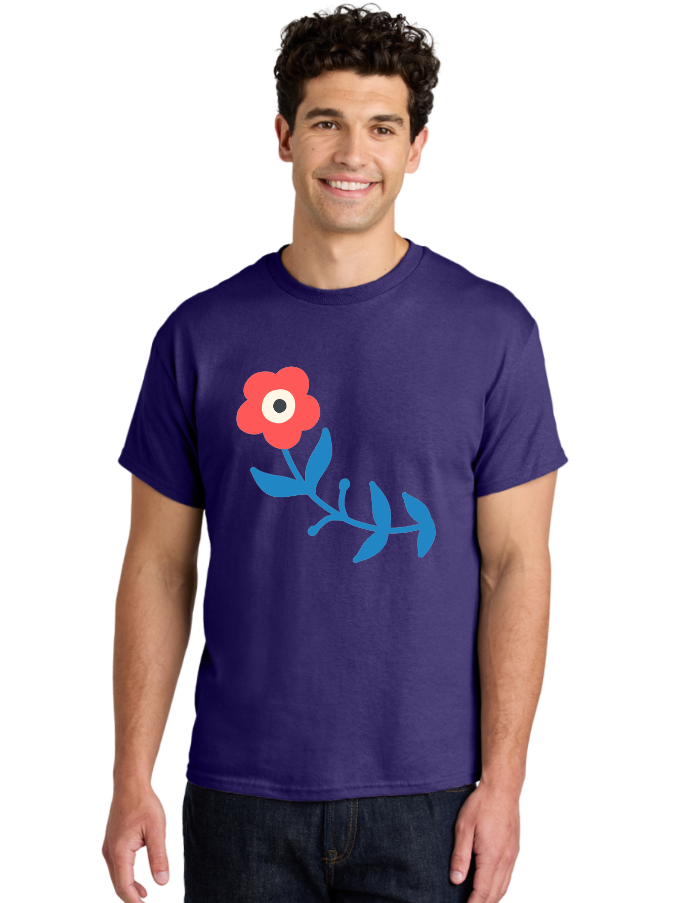 Red-Flower-With-Eye Men'S Graphic Tee, 100% Cotton, Comfortable Casual Summer Wear, Machine Washable, Stylized Red Flower, Blue Leaves, Floral Design, Abstract Art, Surrealism, Creative Expression, Unique Graphic, Simple Shapes, Bold Colors, Aab783