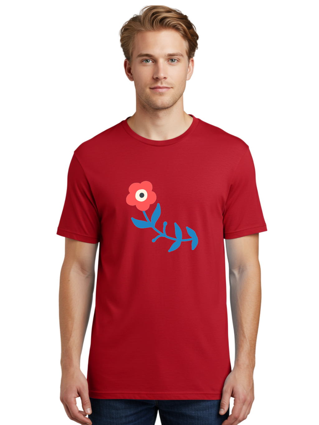 Red-Flower-With-Eye Men'S Graphic Tee, 100% Cotton, Comfortable Casual Summer Wear, Machine Washable, Stylized Red Flower, Blue Leaves, Floral Design, Abstract Art, Surrealism, Creative Expression, Unique Graphic, Simple Shapes, Bold Colors, Aab783