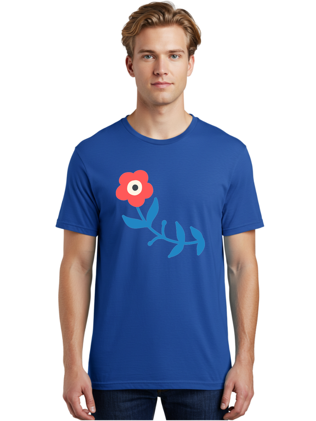 Red-Flower-With-Eye Men'S Graphic Tee, 100% Cotton, Comfortable Casual Summer Wear, Machine Washable, Stylized Red Flower, Blue Leaves, Floral Design, Abstract Art, Surrealism, Creative Expression, Unique Graphic, Simple Shapes, Bold Colors, Aab783