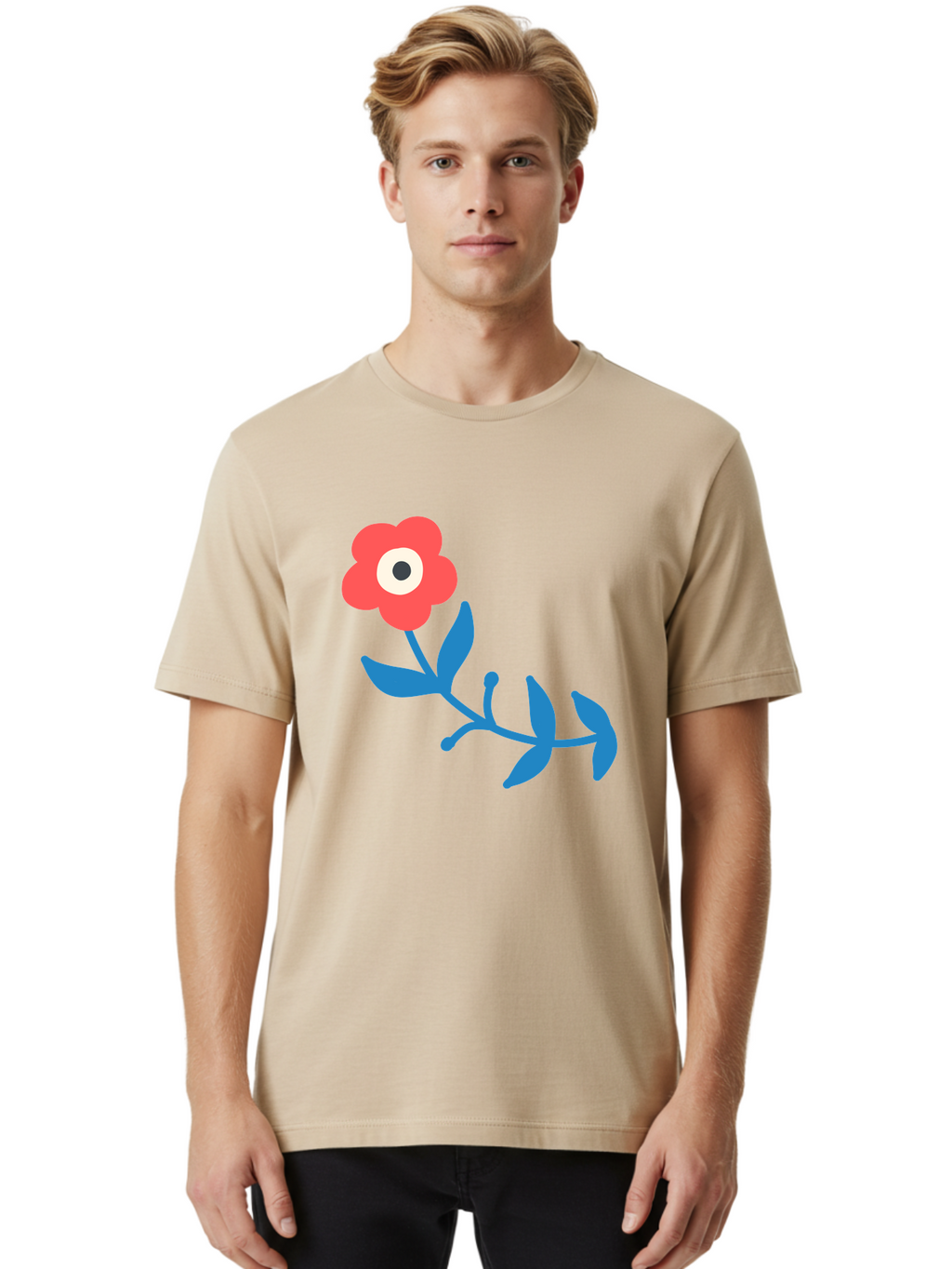 Red-Flower-With-Eye Men'S Graphic Tee, 100% Cotton, Comfortable Casual Summer Wear, Machine Washable, Stylized Red Flower, Blue Leaves, Floral Design, Abstract Art, Surrealism, Creative Expression, Unique Graphic, Simple Shapes, Bold Colors, Aab783