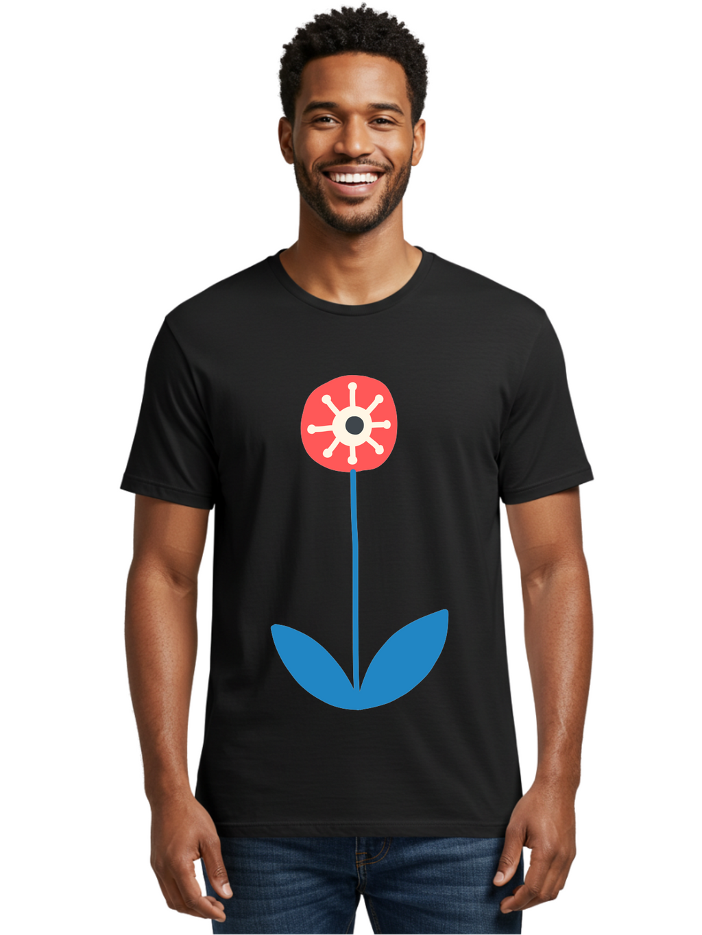 Red-Flower Men'S Graphic Tee, 100% Cotton, Comfortable Casual Summer Wear, Machine Washable, Simple Flower Design, Minimalist Art, Red Flower, Blue Leaves, White Petals, Graphic Illustration, Modern Style, Symbolic Flower, Aab784