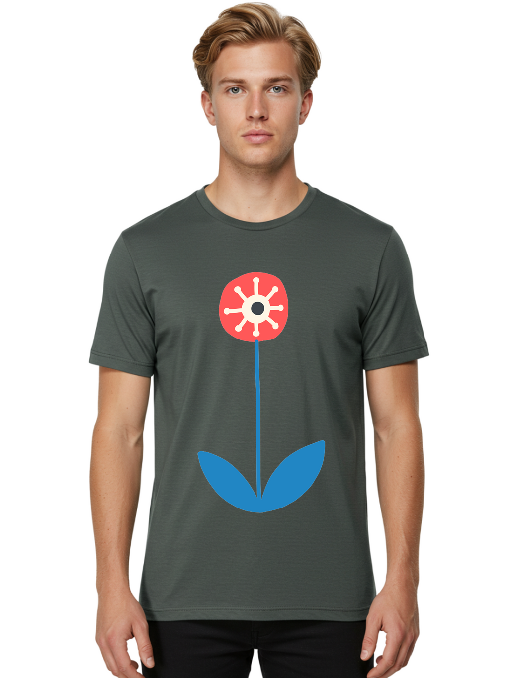 Red-Flower Men'S Graphic Tee, 100% Cotton, Comfortable Casual Summer Wear, Machine Washable, Simple Flower Design, Minimalist Art, Red Flower, Blue Leaves, White Petals, Graphic Illustration, Modern Style, Symbolic Flower, Aab784