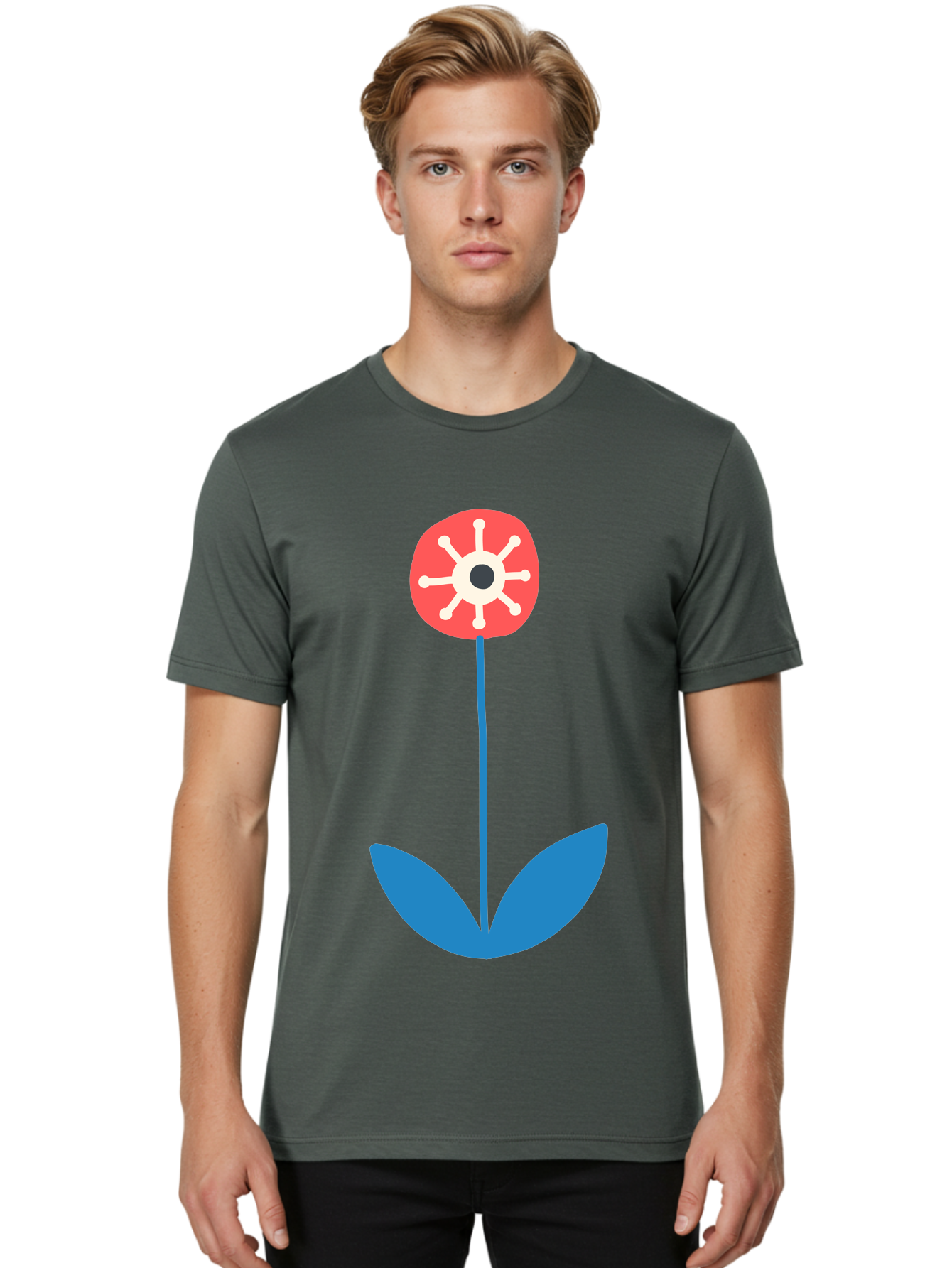 Red-Flower Men'S Graphic Tee, 100% Cotton, Comfortable Casual Summer Wear, Machine Washable, Simple Flower Design, Minimalist Art, Red Flower, Blue Leaves, White Petals, Graphic Illustration, Modern Style, Symbolic Flower, Aab784