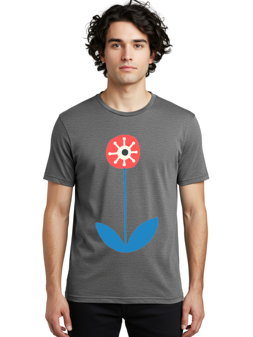 Red-Flower Men'S Graphic Tee, 100% Cotton, Comfortable Casual Summer Wear, Machine Washable, Simple Flower Design, Minimalist Art, Red Flower, Blue Leaves, White Petals, Graphic Illustration, Modern Style, Symbolic Flower, Aab784