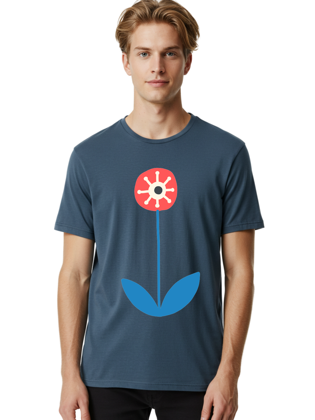 Red-Flower Men'S Graphic Tee, 100% Cotton, Comfortable Casual Summer Wear, Machine Washable, Simple Flower Design, Minimalist Art, Red Flower, Blue Leaves, White Petals, Graphic Illustration, Modern Style, Symbolic Flower, Aab784