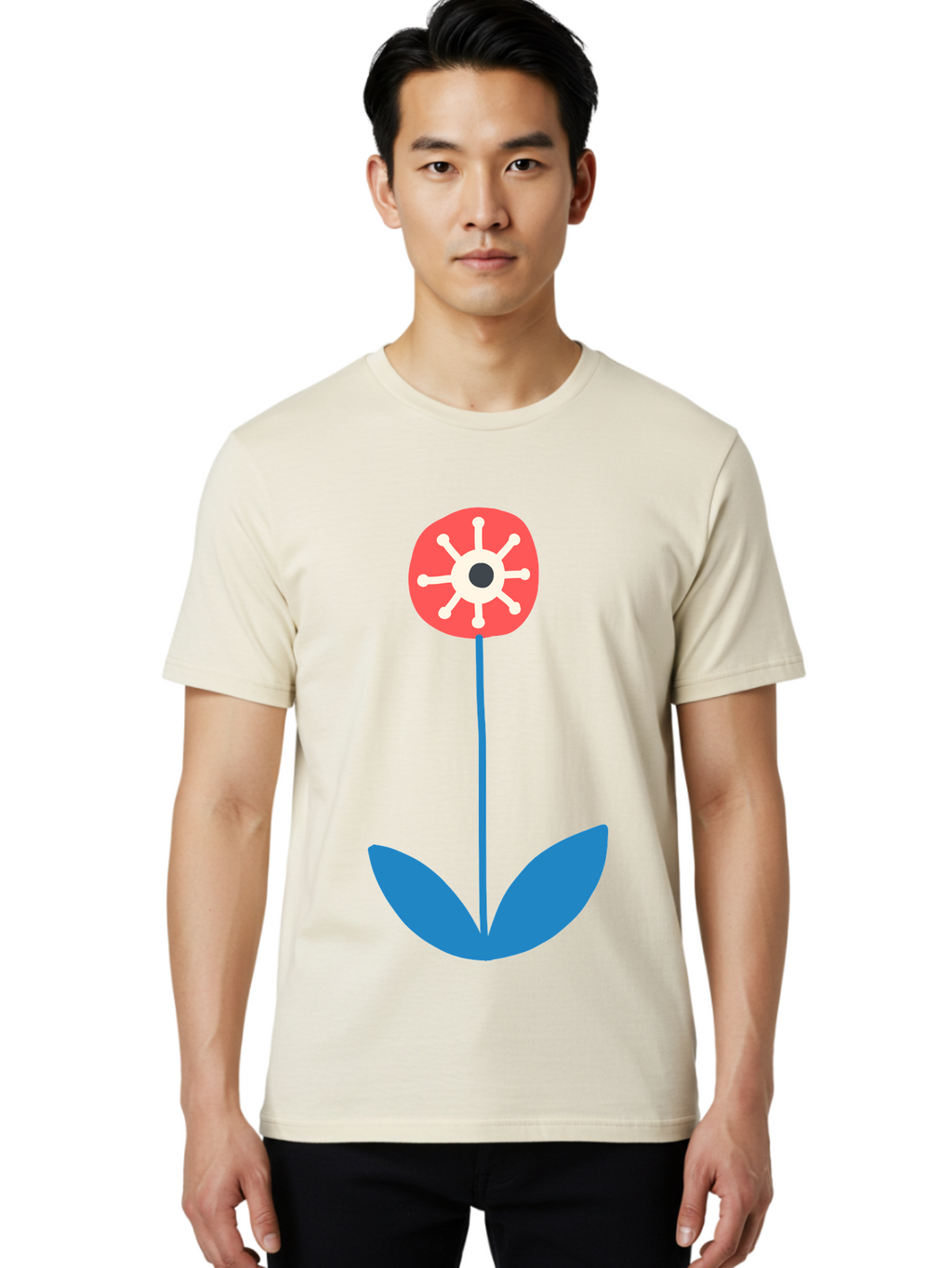 Red-Flower Men'S Graphic Tee, 100% Cotton, Comfortable Casual Summer Wear, Machine Washable, Simple Flower Design, Minimalist Art, Red Flower, Blue Leaves, White Petals, Graphic Illustration, Modern Style, Symbolic Flower, Aab784