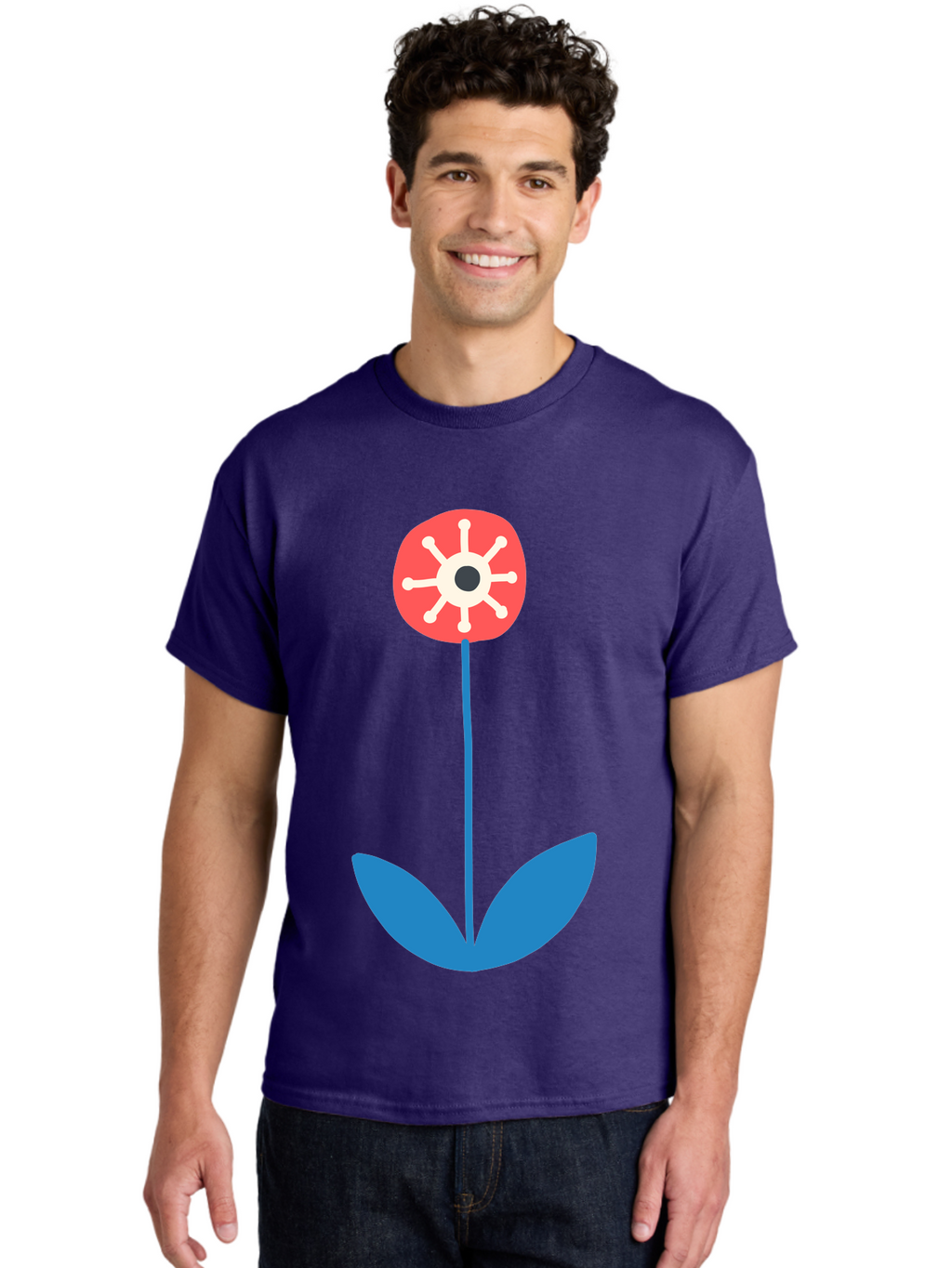 Red-Flower Men'S Graphic Tee, 100% Cotton, Comfortable Casual Summer Wear, Machine Washable, Simple Flower Design, Minimalist Art, Red Flower, Blue Leaves, White Petals, Graphic Illustration, Modern Style, Symbolic Flower, Aab784