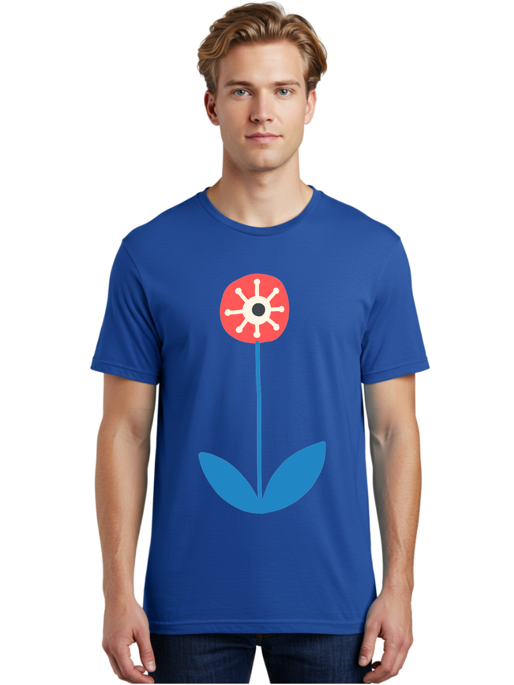 Red-Flower Men'S Graphic Tee, 100% Cotton, Comfortable Casual Summer Wear, Machine Washable, Simple Flower Design, Minimalist Art, Red Flower, Blue Leaves, White Petals, Graphic Illustration, Modern Style, Symbolic Flower, Aab784