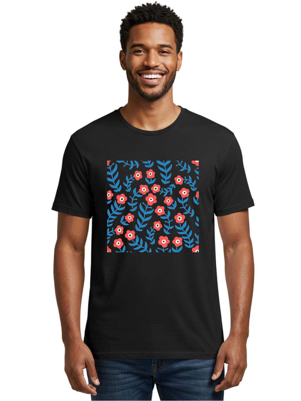 Red-Flowers-With-Blue-Leaves Men'S Graphic Tee, 100% Cotton, Comfortable Casual Summer Wear, Machine Washable, Red Flowers, Blue Leaves, Floral Pattern, Repeating Design, Vibrant Colors, Stylized Blooms, Abstract Flowers, Digital Art Aab785