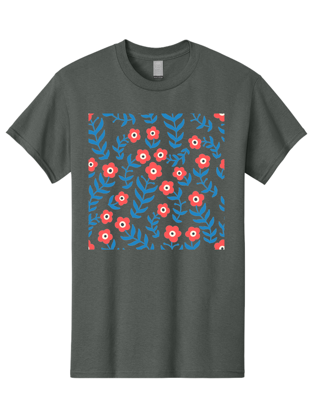 Red-Flowers-With-Blue-Leaves Men'S Graphic Tee, 100% Cotton, Comfortable Casual Summer Wear, Machine Washable, Red Flowers, Blue Leaves, Floral Pattern, Repeating Design, Vibrant Colors, Stylized Blooms, Abstract Flowers, Digital Art Aab785
