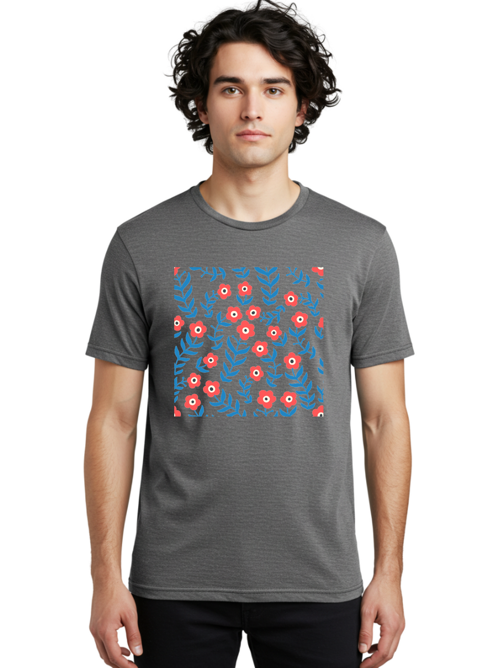 Red-Flowers-With-Blue-Leaves Men'S Graphic Tee, 100% Cotton, Comfortable Casual Summer Wear, Machine Washable, Red Flowers, Blue Leaves, Floral Pattern, Repeating Design, Vibrant Colors, Stylized Blooms, Abstract Flowers, Digital Art Aab785