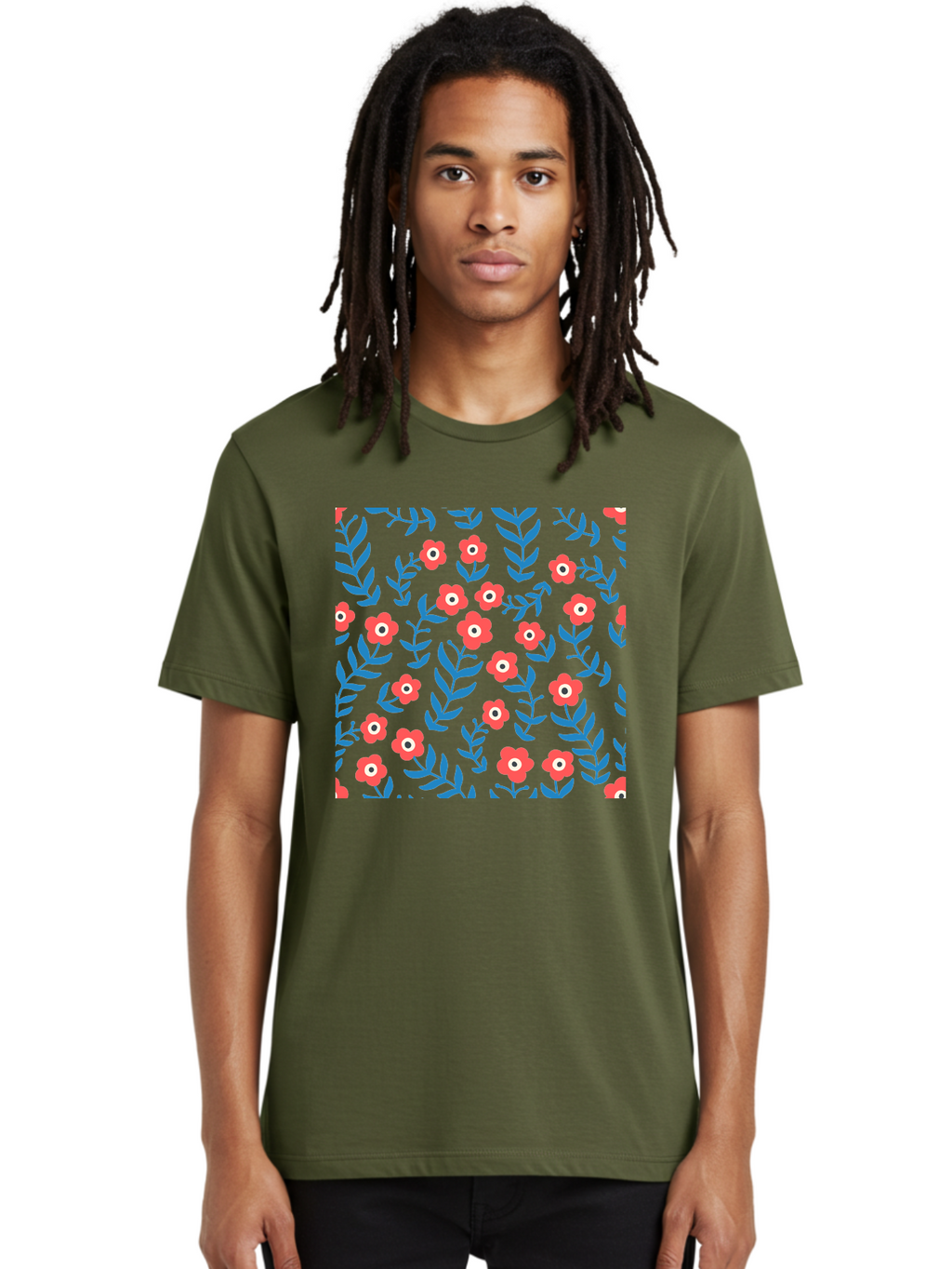 Red-Flowers-With-Blue-Leaves Men'S Graphic Tee, 100% Cotton, Comfortable Casual Summer Wear, Machine Washable, Red Flowers, Blue Leaves, Floral Pattern, Repeating Design, Vibrant Colors, Stylized Blooms, Abstract Flowers, Digital Art Aab785