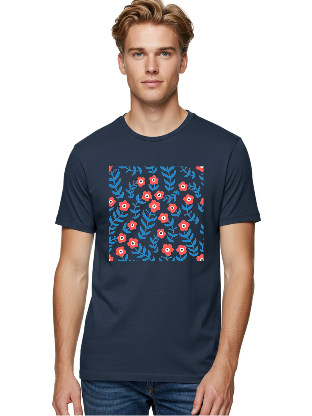 Red-Flowers-With-Blue-Leaves Men'S Graphic Tee, 100% Cotton, Comfortable Casual Summer Wear, Machine Washable, Red Flowers, Blue Leaves, Floral Pattern, Repeating Design, Vibrant Colors, Stylized Blooms, Abstract Flowers, Digital Art Aab785