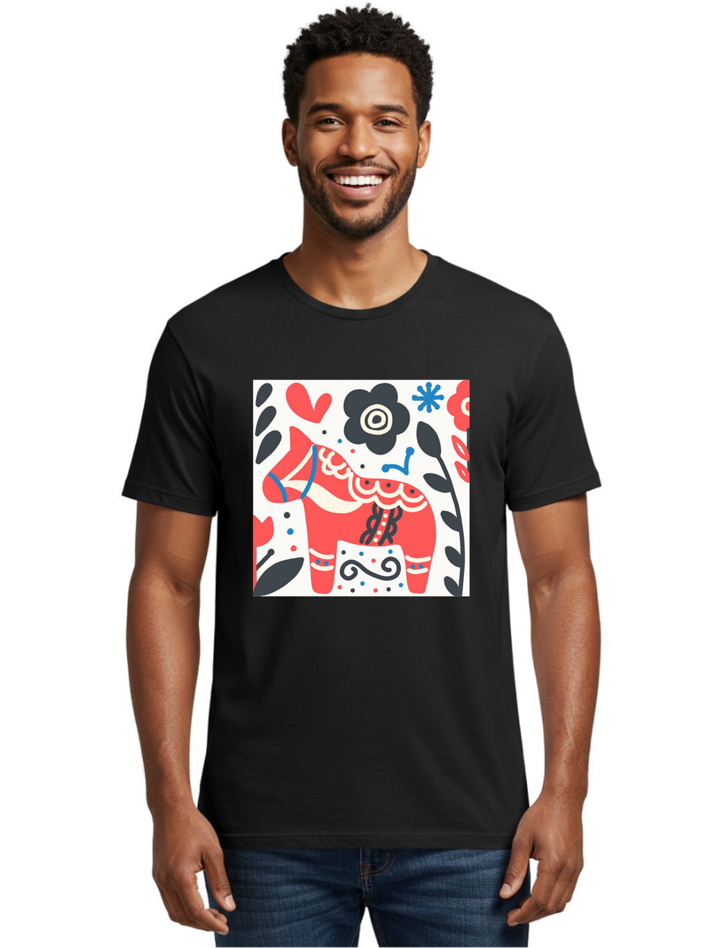 Red-Horse Men'S Graphic Tee, 100% Cotton, Comfortable Casual Summer Wear, Machine Washable, Red Dala Horse, Floral Pattern, Black And Red Flowers, Abstract Design, Folk Art, Swedish Heritage, Decorative Art, Vibrant Colors, Whimsical Design, Aab788