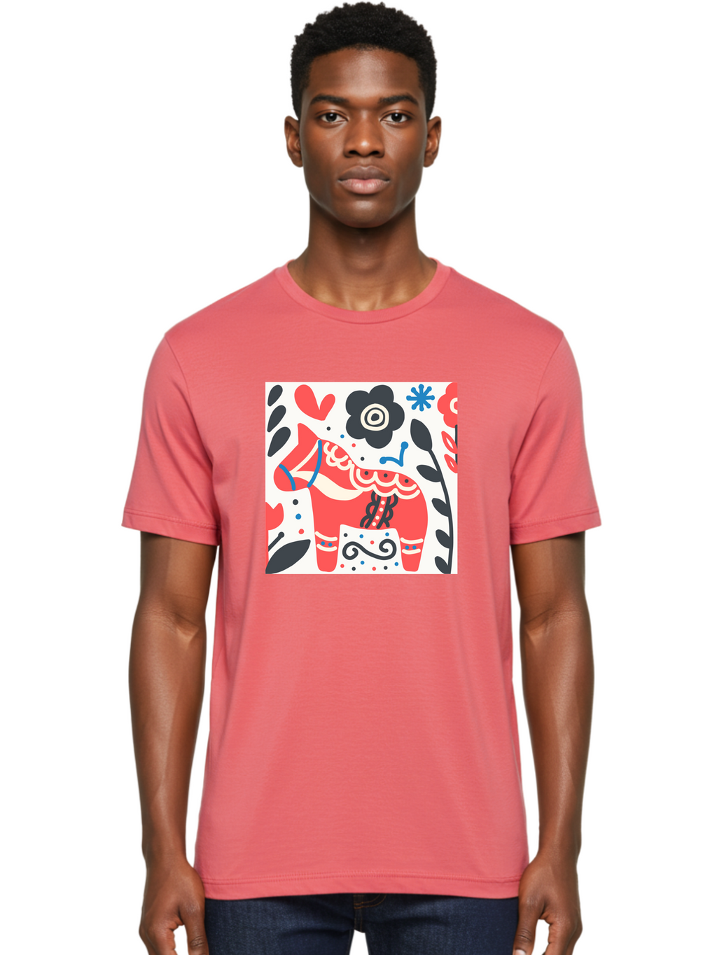 Red-Horse Men'S Graphic Tee, 100% Cotton, Comfortable Casual Summer Wear, Machine Washable, Red Dala Horse, Floral Pattern, Black And Red Flowers, Abstract Design, Folk Art, Swedish Heritage, Decorative Art, Vibrant Colors, Whimsical Design, Aab788