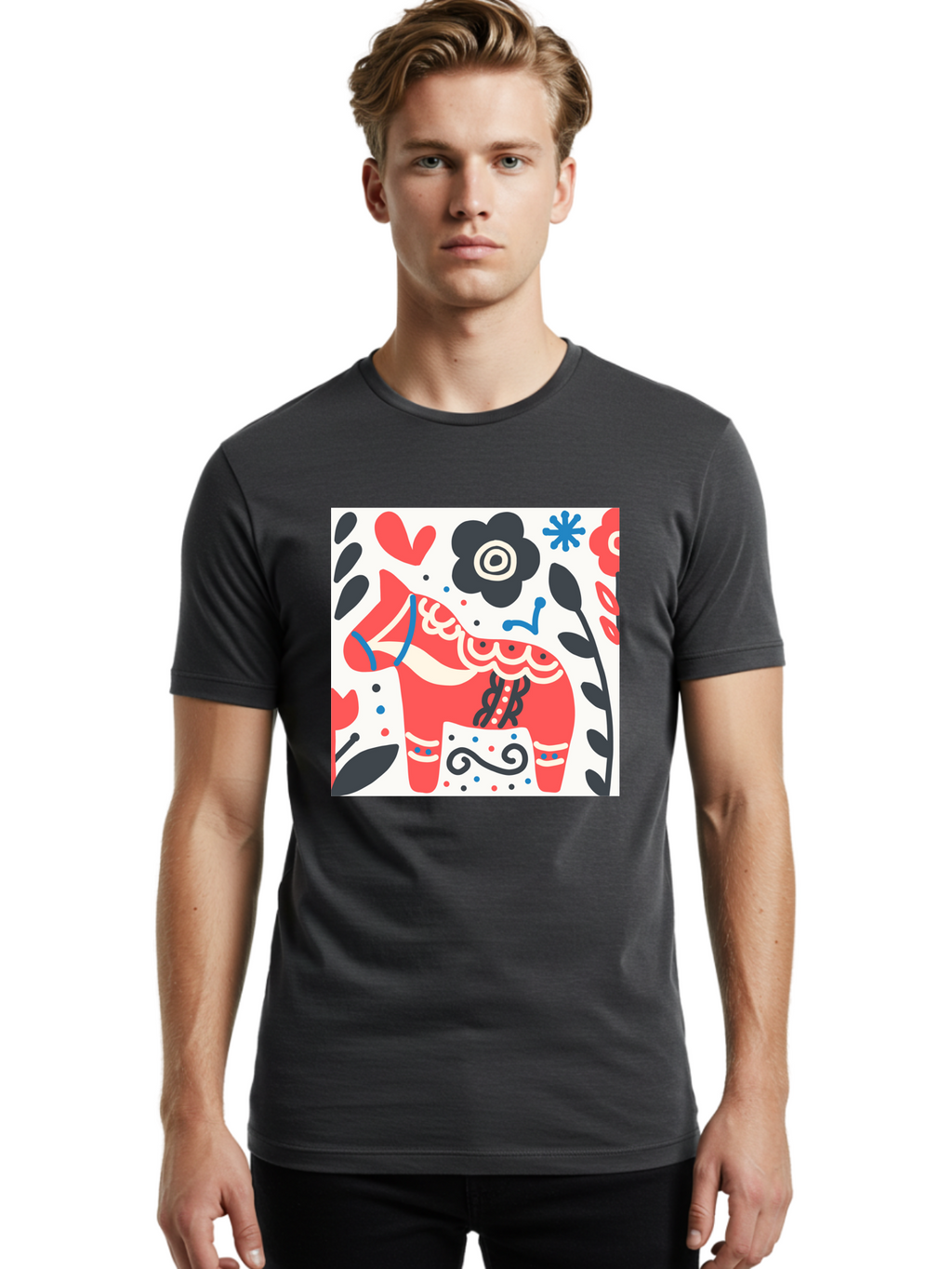 Red-Horse Men'S Graphic Tee, 100% Cotton, Comfortable Casual Summer Wear, Machine Washable, Red Dala Horse, Floral Pattern, Black And Red Flowers, Abstract Design, Folk Art, Swedish Heritage, Decorative Art, Vibrant Colors, Whimsical Design, Aab788