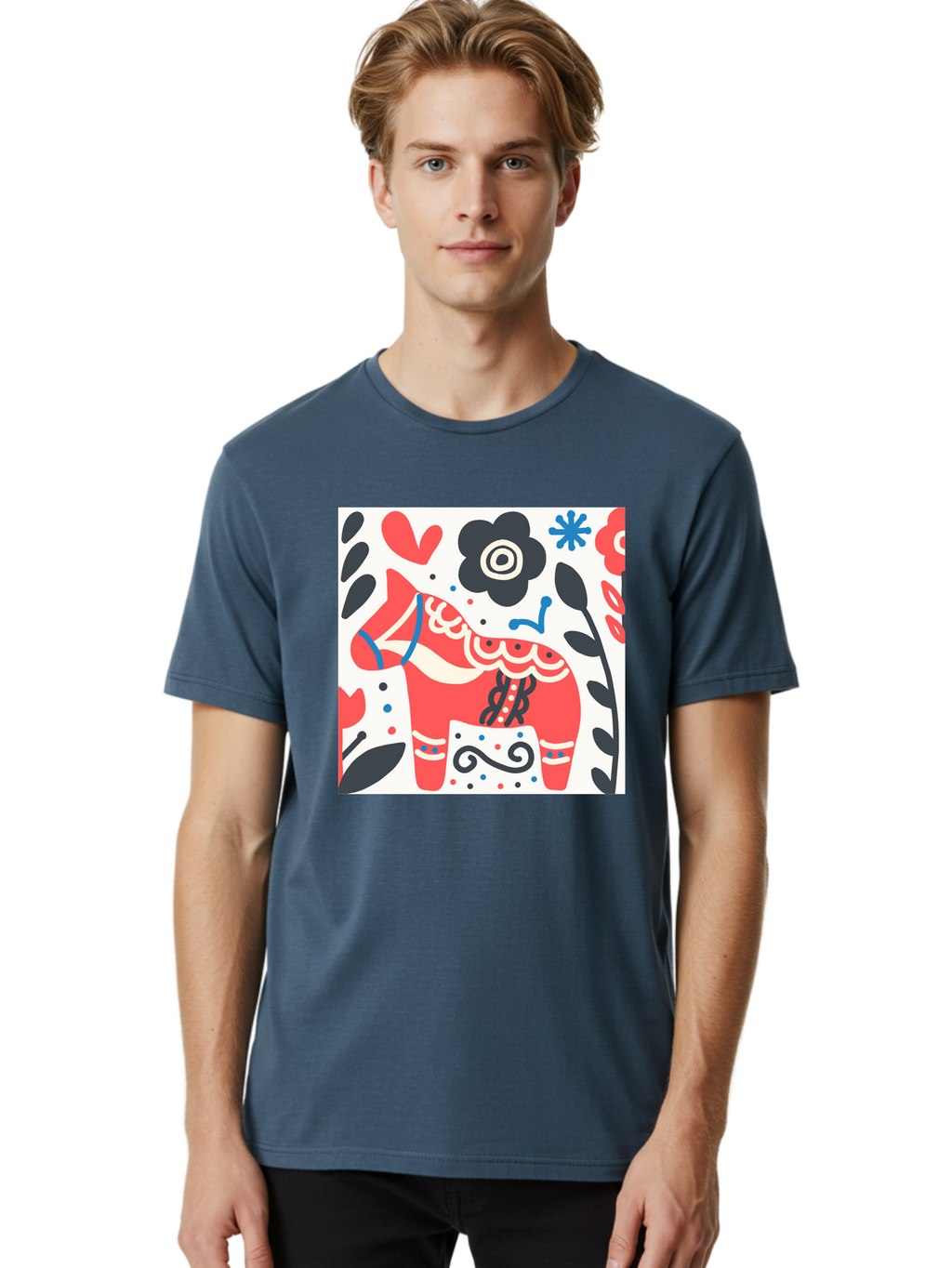 Red-Horse Men'S Graphic Tee, 100% Cotton, Comfortable Casual Summer Wear, Machine Washable, Red Dala Horse, Floral Pattern, Black And Red Flowers, Abstract Design, Folk Art, Swedish Heritage, Decorative Art, Vibrant Colors, Whimsical Design, Aab788