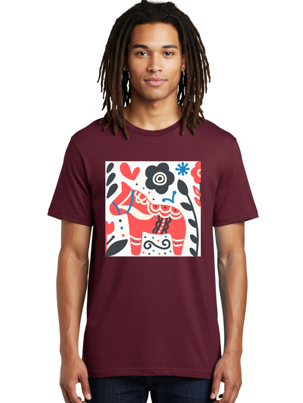 Red-Horse Men'S Graphic Tee, 100% Cotton, Comfortable Casual Summer Wear, Machine Washable, Red Dala Horse, Floral Pattern, Black And Red Flowers, Abstract Design, Folk Art, Swedish Heritage, Decorative Art, Vibrant Colors, Whimsical Design, Aab788