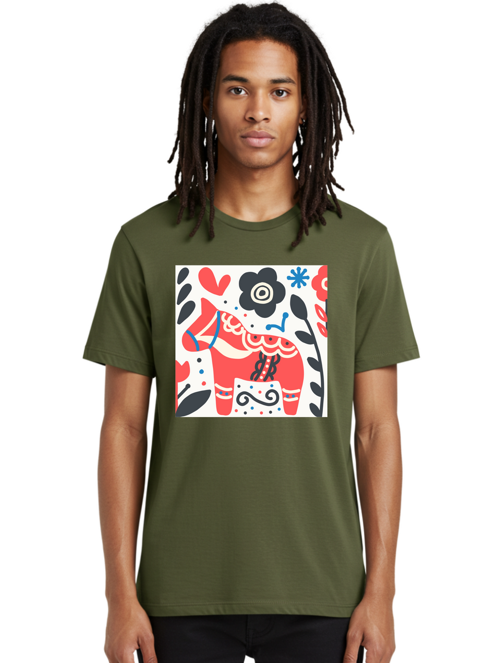 Red-Horse Men'S Graphic Tee, 100% Cotton, Comfortable Casual Summer Wear, Machine Washable, Red Dala Horse, Floral Pattern, Black And Red Flowers, Abstract Design, Folk Art, Swedish Heritage, Decorative Art, Vibrant Colors, Whimsical Design, Aab788