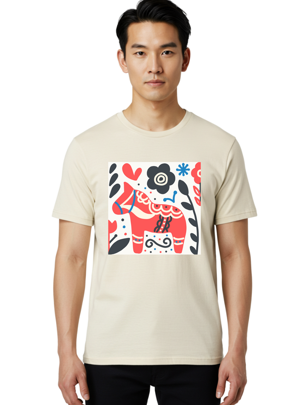 Red-Horse Men'S Graphic Tee, 100% Cotton, Comfortable Casual Summer Wear, Machine Washable, Red Dala Horse, Floral Pattern, Black And Red Flowers, Abstract Design, Folk Art, Swedish Heritage, Decorative Art, Vibrant Colors, Whimsical Design, Aab788