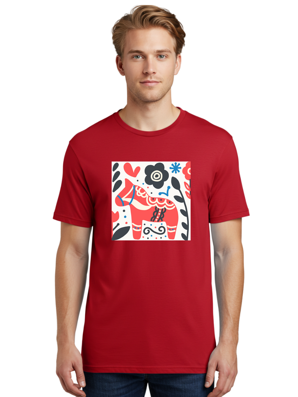 Red-Horse Men'S Graphic Tee, 100% Cotton, Comfortable Casual Summer Wear, Machine Washable, Red Dala Horse, Floral Pattern, Black And Red Flowers, Abstract Design, Folk Art, Swedish Heritage, Decorative Art, Vibrant Colors, Whimsical Design, Aab788