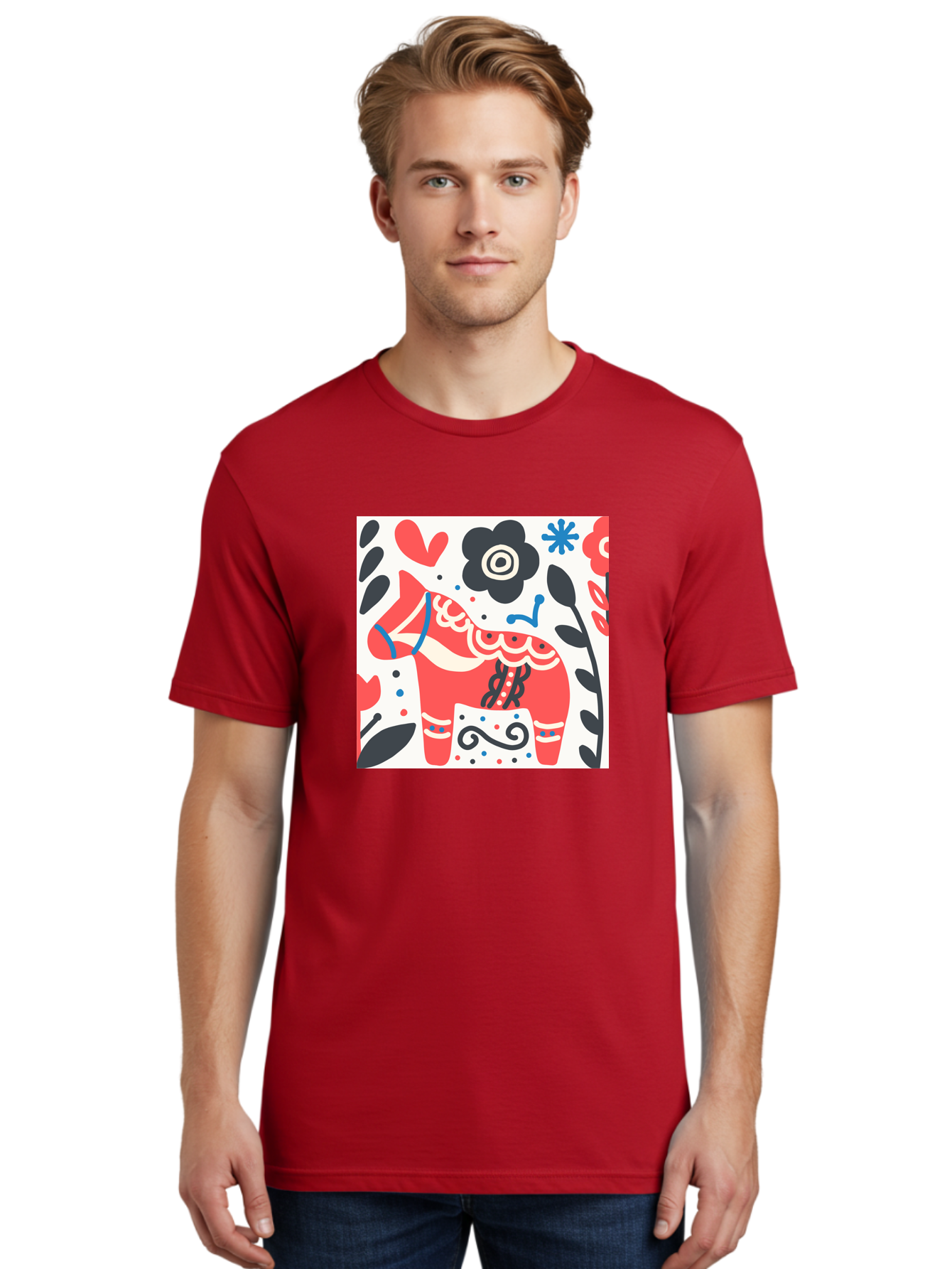 Red-Horse Men'S Graphic Tee, 100% Cotton, Comfortable Casual Summer Wear, Machine Washable, Red Dala Horse, Floral Pattern, Black And Red Flowers, Abstract Design, Folk Art, Swedish Heritage, Decorative Art, Vibrant Colors, Whimsical Design, Aab788