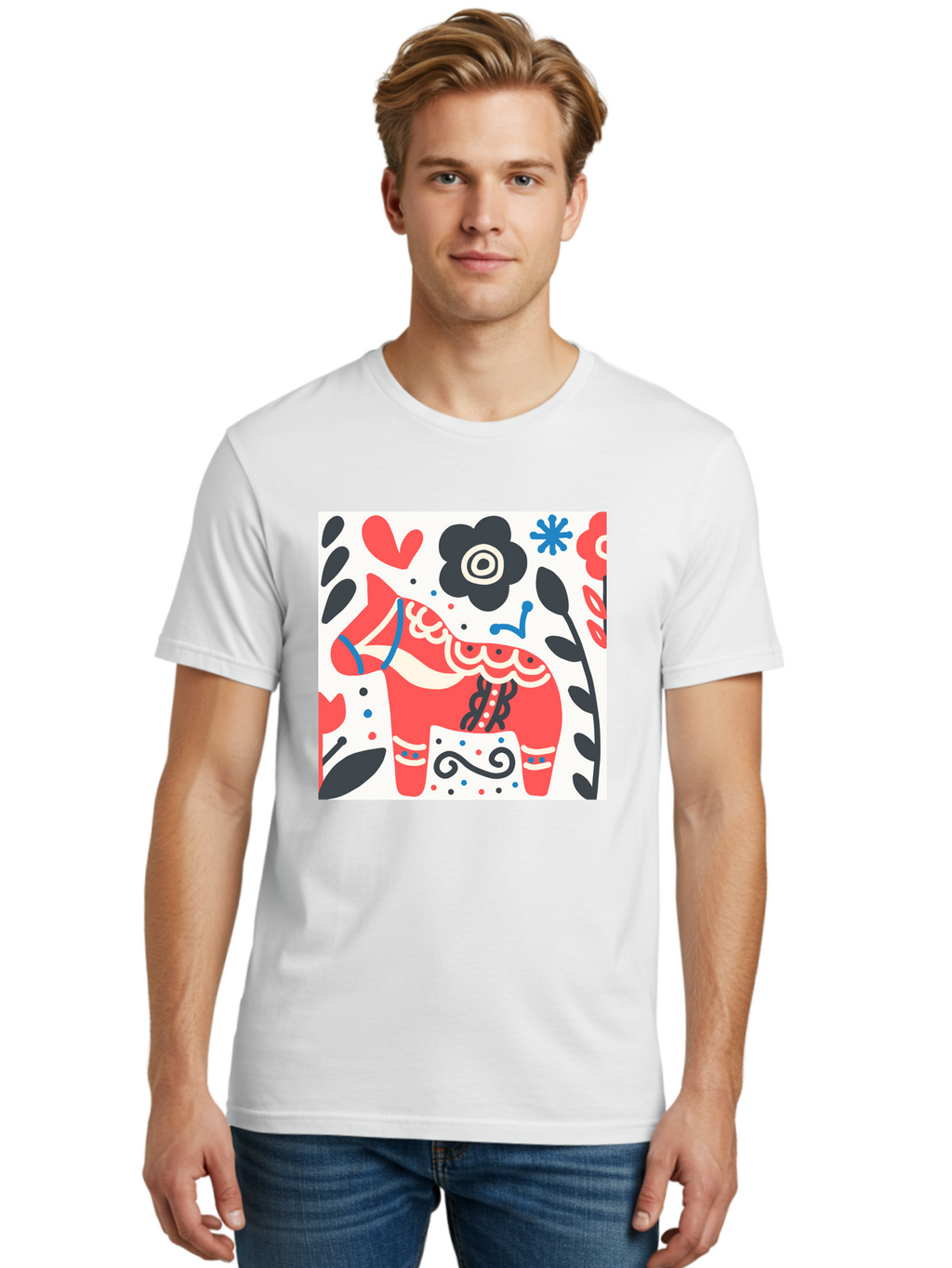 Red-Horse Men'S Graphic Tee, 100% Cotton, Comfortable Casual Summer Wear, Machine Washable, Red Dala Horse, Floral Pattern, Black And Red Flowers, Abstract Design, Folk Art, Swedish Heritage, Decorative Art, Vibrant Colors, Whimsical Design, Aab788