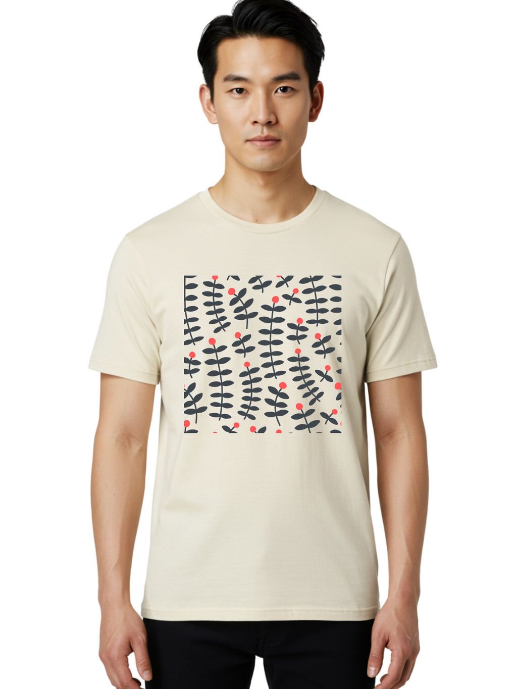 Repeating-Floral-Pattern Men'S Graphic Tee, 100% Cotton, Comfortable Casual Summer Wear, Machine Washable, Repeating Leaf Pattern, Black Leaves, Red Flowers, Floral Design, Seamless Texture, Graphic Illustration, Botanical Motif Aab789