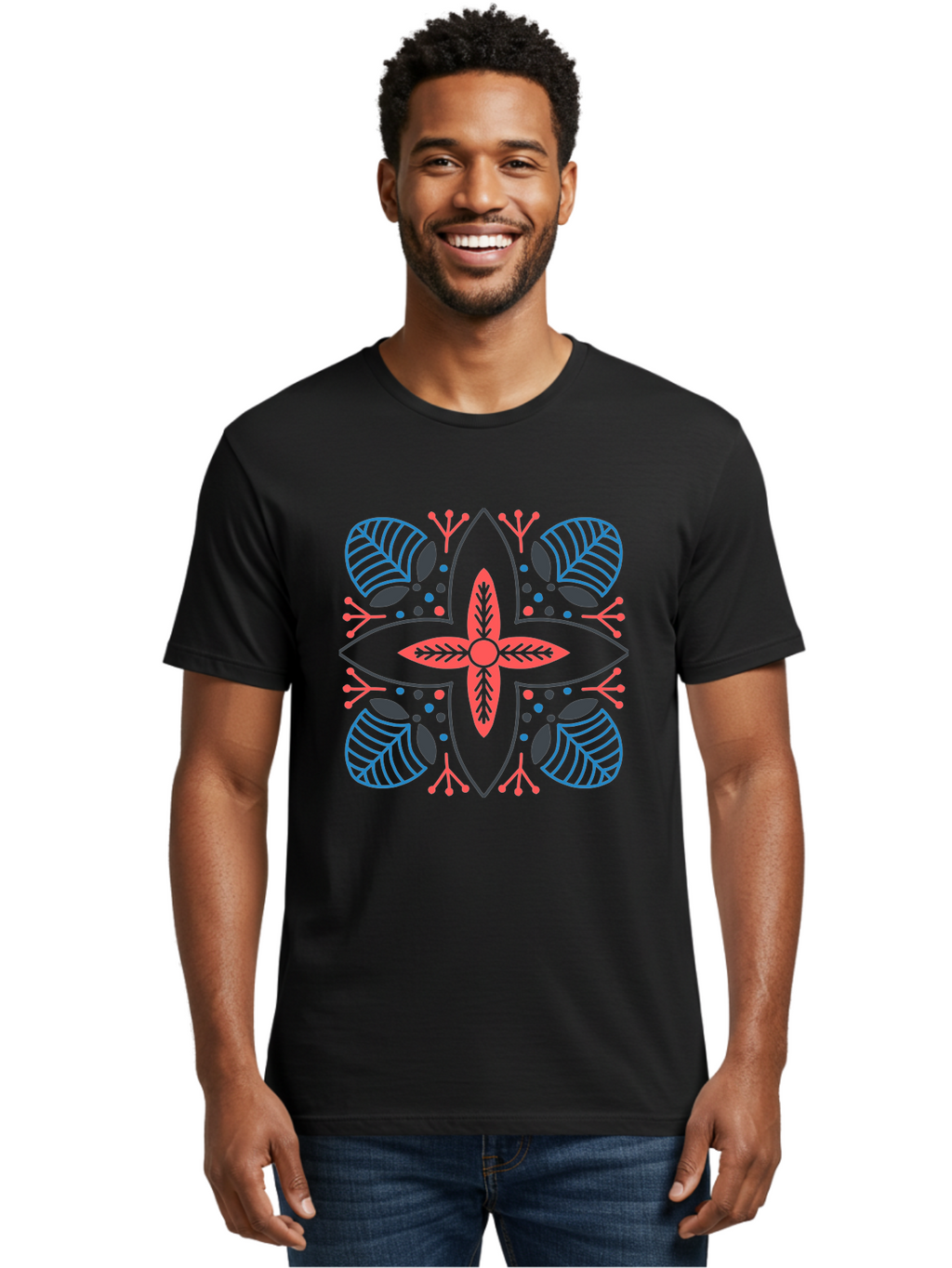Rosette-Pattern Men'S Graphic Tee, 100% Cotton, Comfortable Casual Summer Wear, Machine Washable, Symmetrical Floral Design, Red And Blue Petals, White Background, Black Outlines, Leaf Patterns, Colorful Dots, Abstract Art, Decorative Motif, Aab790