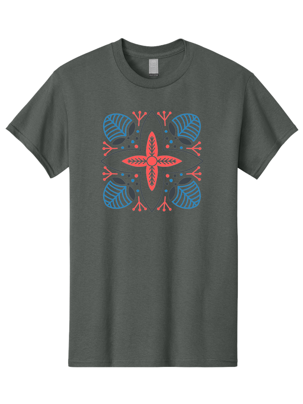 Rosette-Pattern Men'S Graphic Tee, 100% Cotton, Comfortable Casual Summer Wear, Machine Washable, Symmetrical Floral Design, Red And Blue Petals, White Background, Black Outlines, Leaf Patterns, Colorful Dots, Abstract Art, Decorative Motif, Aab790