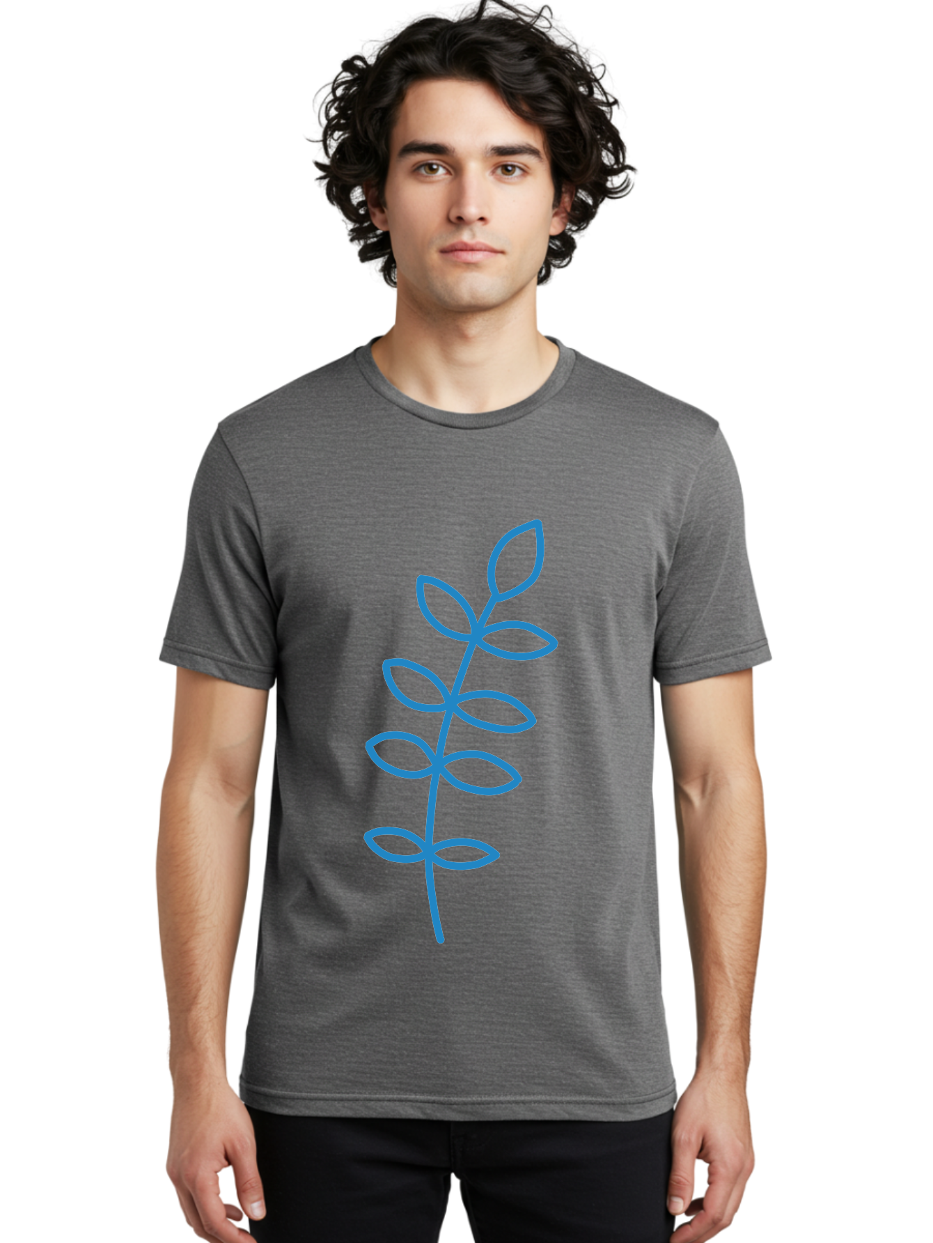 Stem-With-Leaves Men'S Graphic Tee, 100% Cotton, Comfortable Casual Summer Wear, Machine Washable, Simple Drawing, Blue Stem, Leaves, Minimalist Design, Stylized Plant, Childlike Illustration, Simple Shapes, Botanical Elements, Aab793