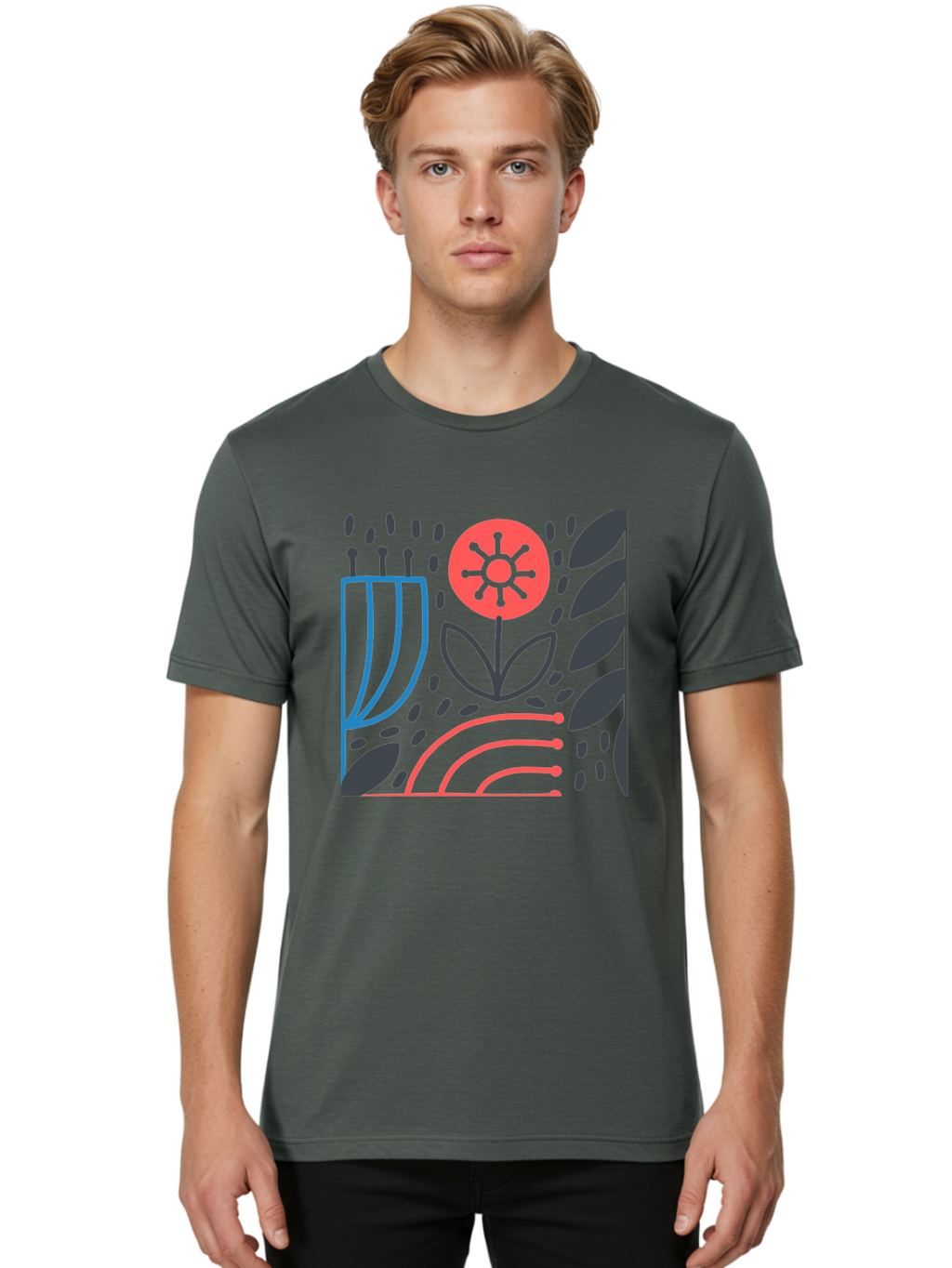 Stylized-Flower-And-Leaves Men'S Graphic Tee, 100% Cotton, Comfortable Casual Summer Wear, Machine Washable, Menorah With Candles, Flower Blooming, Abstract Shapes, Red And Blue Lines, Black Leaves, White Background, Symbolic Artwork, Judaism, Aab795