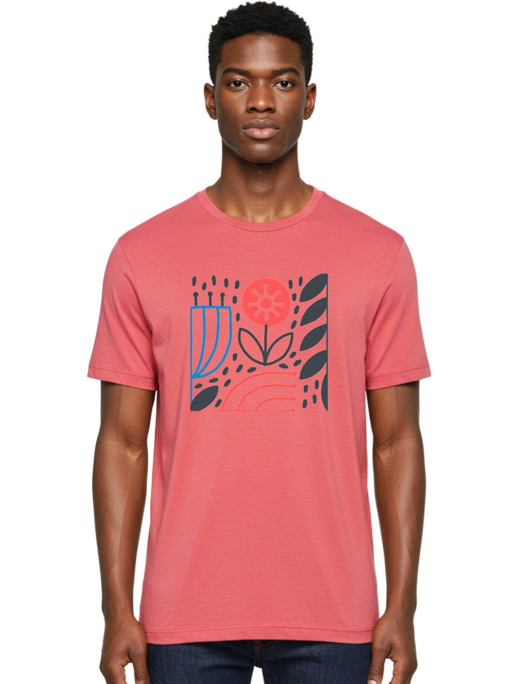 Stylized-Flower-And-Leaves Men'S Graphic Tee, 100% Cotton, Comfortable Casual Summer Wear, Machine Washable, Menorah With Candles, Flower Blooming, Abstract Shapes, Red And Blue Lines, Black Leaves, White Background, Symbolic Artwork, Judaism, Aab795