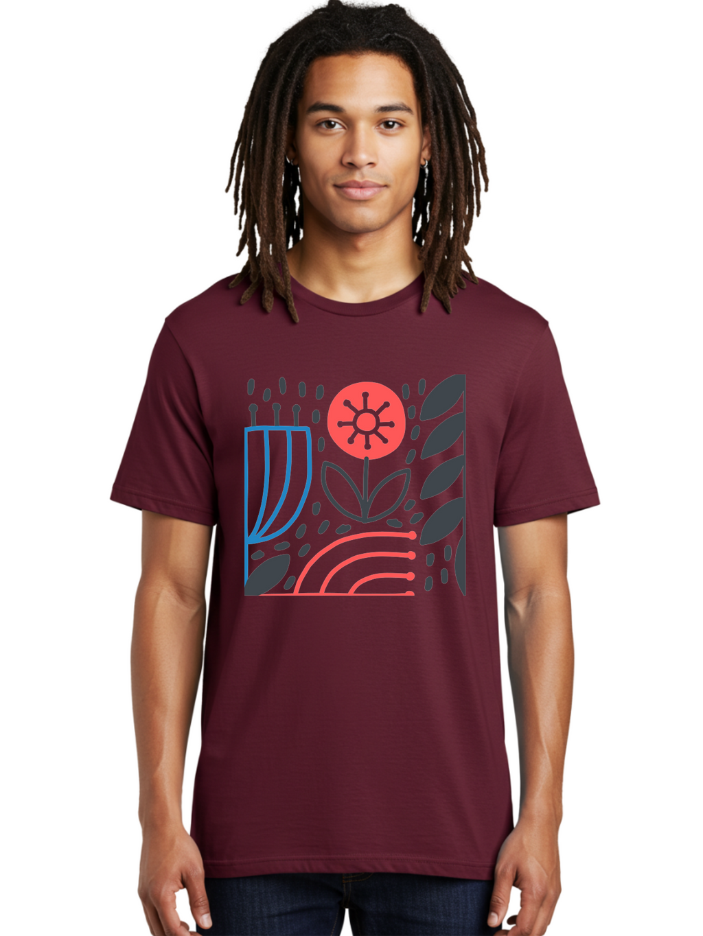 Stylized-Flower-And-Leaves Men'S Graphic Tee, 100% Cotton, Comfortable Casual Summer Wear, Machine Washable, Menorah With Candles, Flower Blooming, Abstract Shapes, Red And Blue Lines, Black Leaves, White Background, Symbolic Artwork, Judaism, Aab795