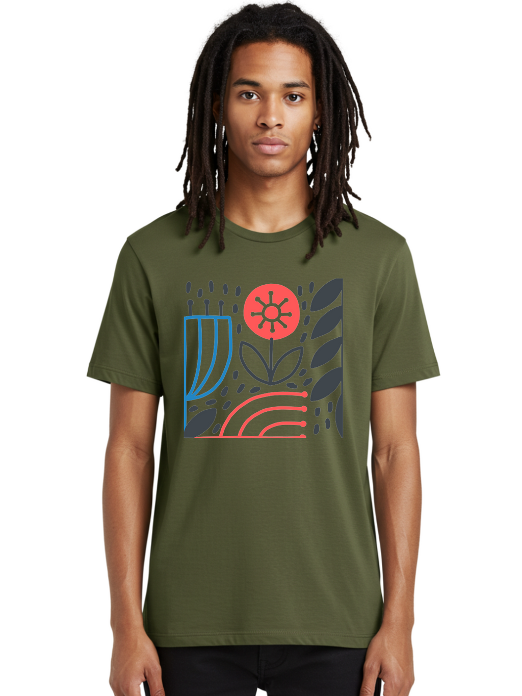 Stylized-Flower-And-Leaves Men'S Graphic Tee, 100% Cotton, Comfortable Casual Summer Wear, Machine Washable, Menorah With Candles, Flower Blooming, Abstract Shapes, Red And Blue Lines, Black Leaves, White Background, Symbolic Artwork, Judaism, Aab795