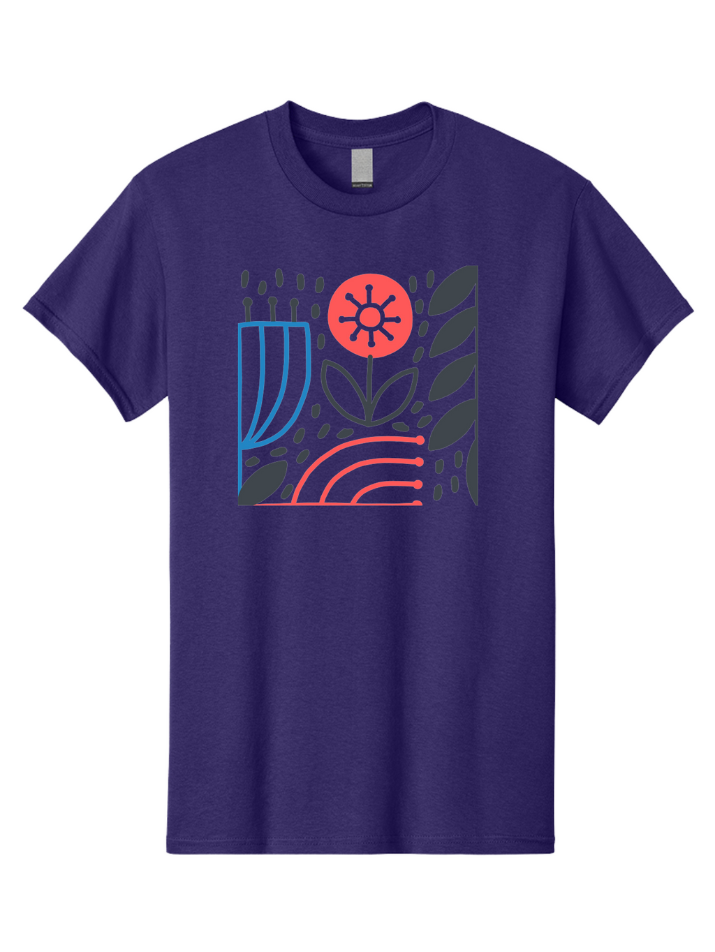 Stylized-Flower-And-Leaves Men'S Graphic Tee, 100% Cotton, Comfortable Casual Summer Wear, Machine Washable, Menorah With Candles, Flower Blooming, Abstract Shapes, Red And Blue Lines, Black Leaves, White Background, Symbolic Artwork, Judaism, Aab795