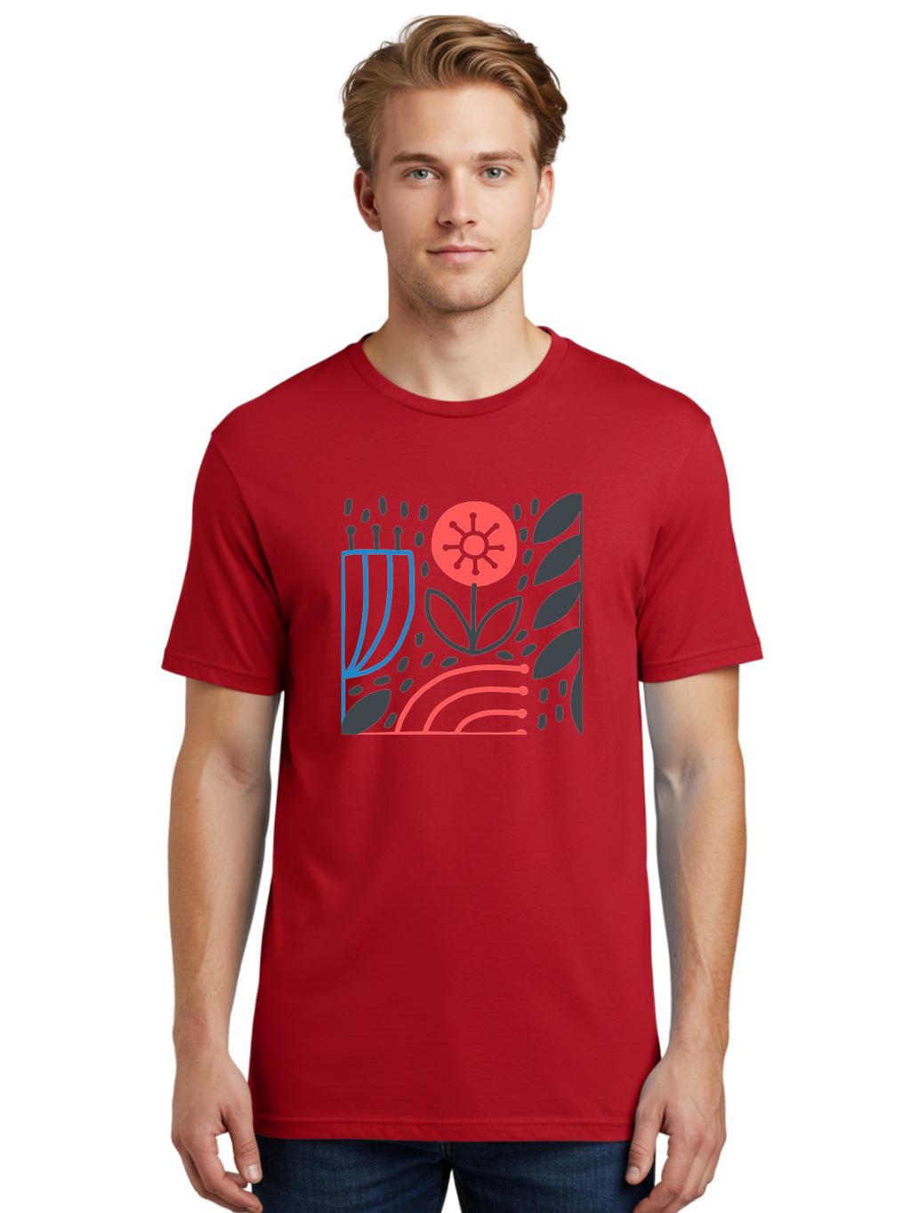 Stylized-Flower-And-Leaves Men'S Graphic Tee, 100% Cotton, Comfortable Casual Summer Wear, Machine Washable, Menorah With Candles, Flower Blooming, Abstract Shapes, Red And Blue Lines, Black Leaves, White Background, Symbolic Artwork, Judaism, Aab795