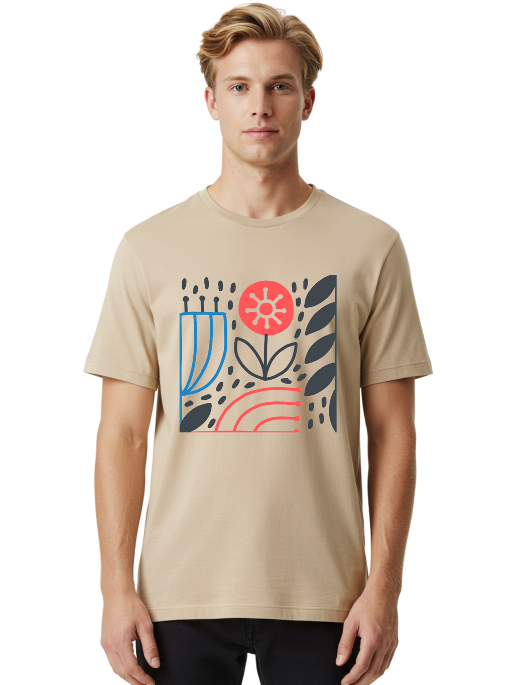 Stylized-Flower-And-Leaves Men'S Graphic Tee, 100% Cotton, Comfortable Casual Summer Wear, Machine Washable, Menorah With Candles, Flower Blooming, Abstract Shapes, Red And Blue Lines, Black Leaves, White Background, Symbolic Artwork, Judaism, Aab795