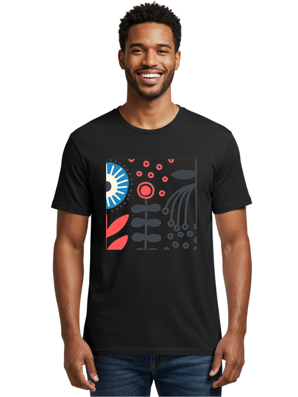 Sun-Icon-Floral Men'S Graphic Tee, 100% Cotton, Comfortable Casual Summer Wear, Machine Washable, Stylish Floral Pattern, Abstract Art, Eye-Catching Design, Minimalist Style, Bold Graphics, Contemporary Illustration, Floral Elements, Aab796