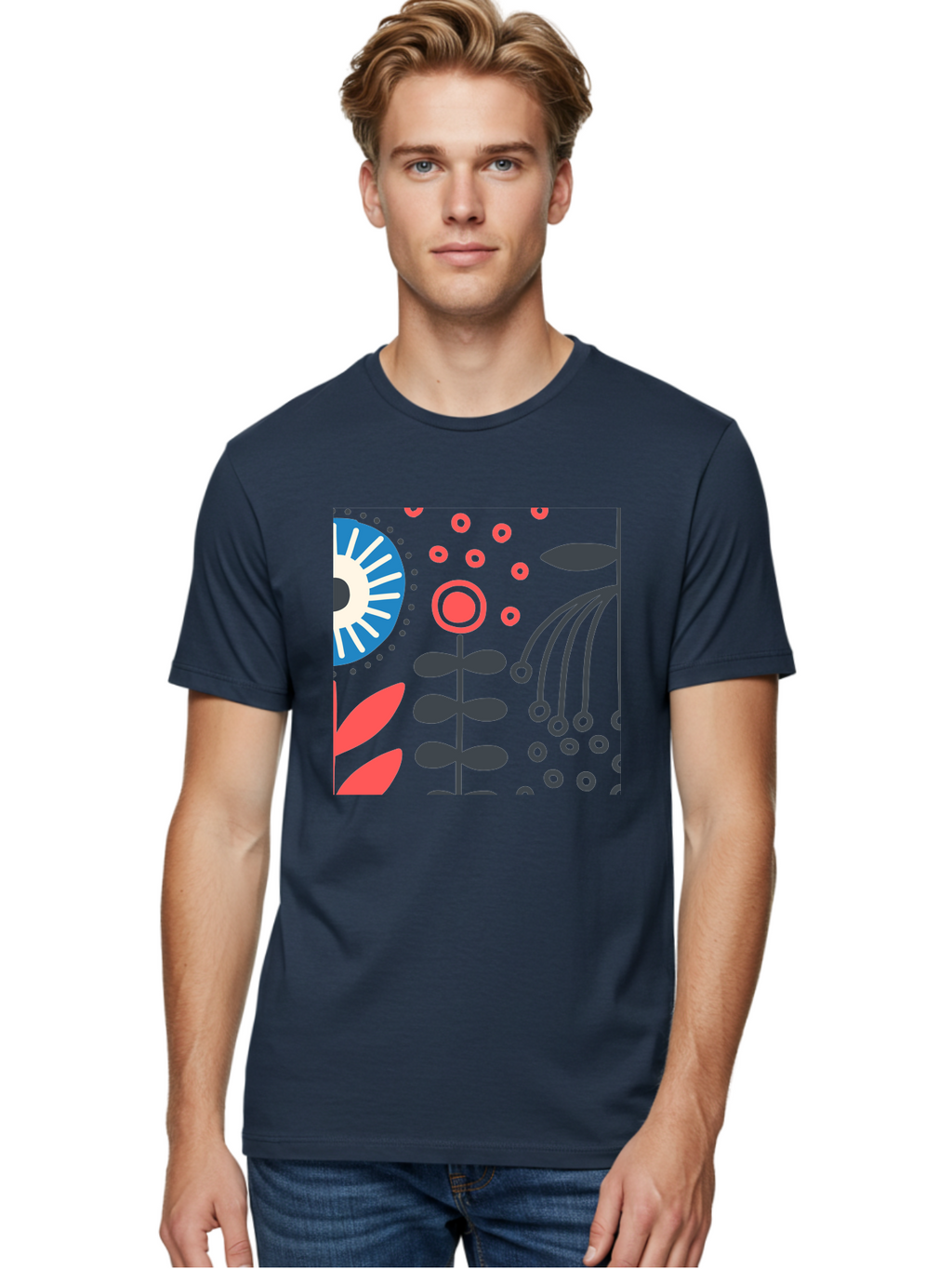 Sun-Icon-Floral Men'S Graphic Tee, 100% Cotton, Comfortable Casual Summer Wear, Machine Washable, Stylish Floral Pattern, Abstract Art, Eye-Catching Design, Minimalist Style, Bold Graphics, Contemporary Illustration, Floral Elements, Aab796