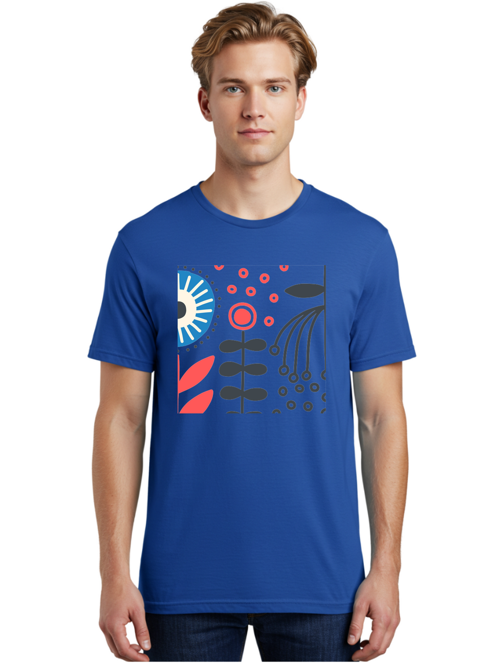 Sun-Icon-Floral Men'S Graphic Tee, 100% Cotton, Comfortable Casual Summer Wear, Machine Washable, Stylish Floral Pattern, Abstract Art, Eye-Catching Design, Minimalist Style, Bold Graphics, Contemporary Illustration, Floral Elements, Aab796