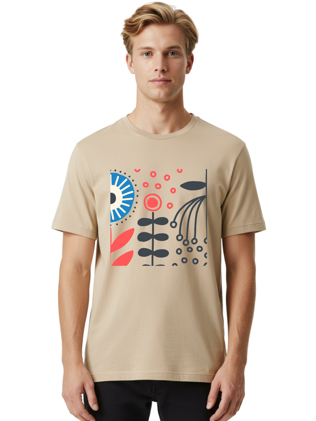 Sun-Icon-Floral Men'S Graphic Tee, 100% Cotton, Comfortable Casual Summer Wear, Machine Washable, Stylish Floral Pattern, Abstract Art, Eye-Catching Design, Minimalist Style, Bold Graphics, Contemporary Illustration, Floral Elements, Aab796