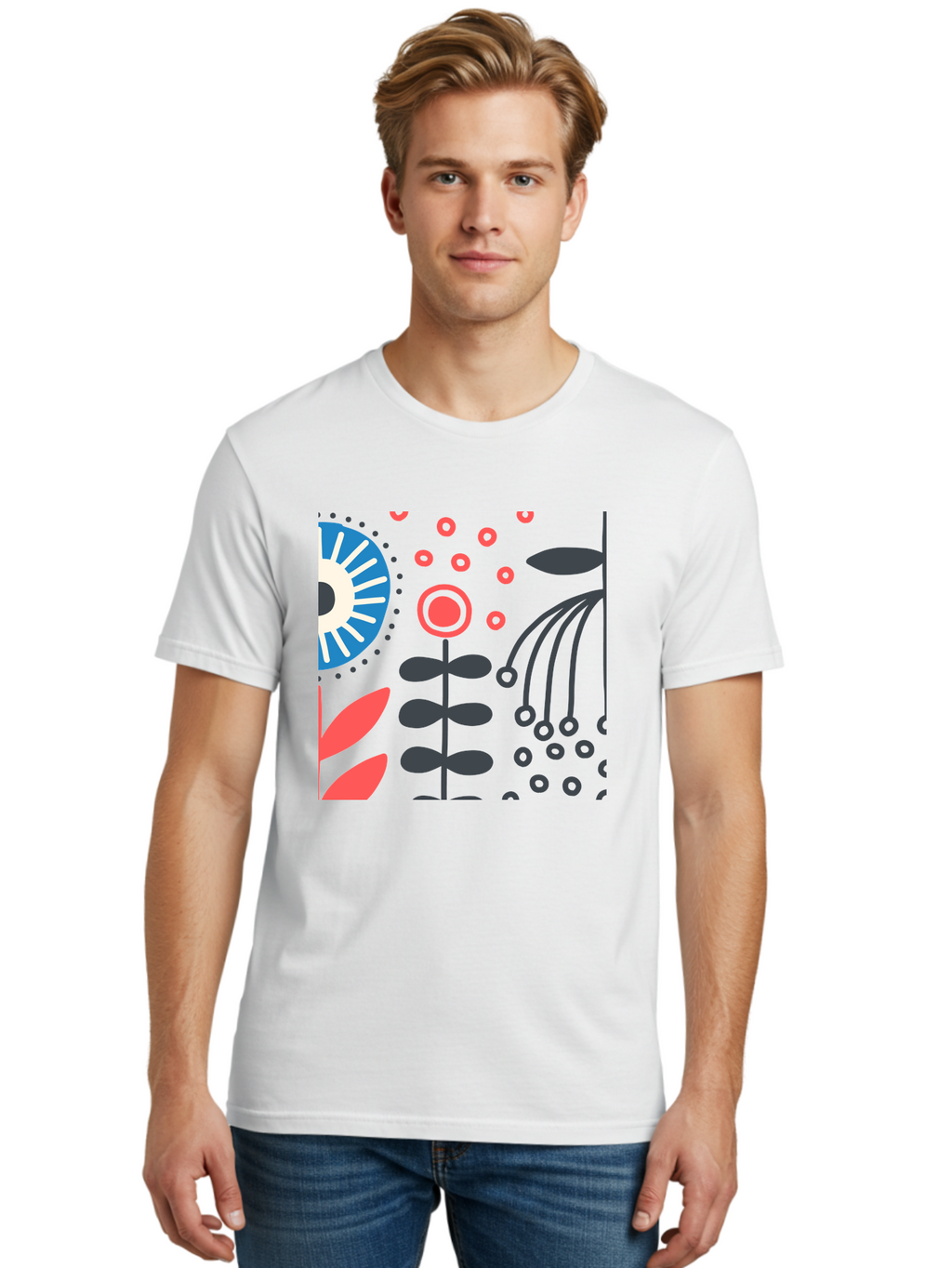 Sun-Icon-Floral Men'S Graphic Tee, 100% Cotton, Comfortable Casual Summer Wear, Machine Washable, Stylish Floral Pattern, Abstract Art, Eye-Catching Design, Minimalist Style, Bold Graphics, Contemporary Illustration, Floral Elements, Aab796