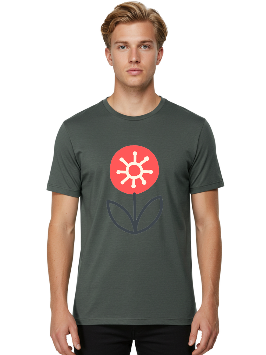 Sunflower-Icon Men'S Graphic Tee, 100% Cotton, Comfortable Casual Summer Wear, Machine Washable, Stylized Sunflower, Simple Flower Design, Abstract Sun Symbol, Red And White Colors, Minimalist Logo, Floral Icon, Modern Graphic Aab797