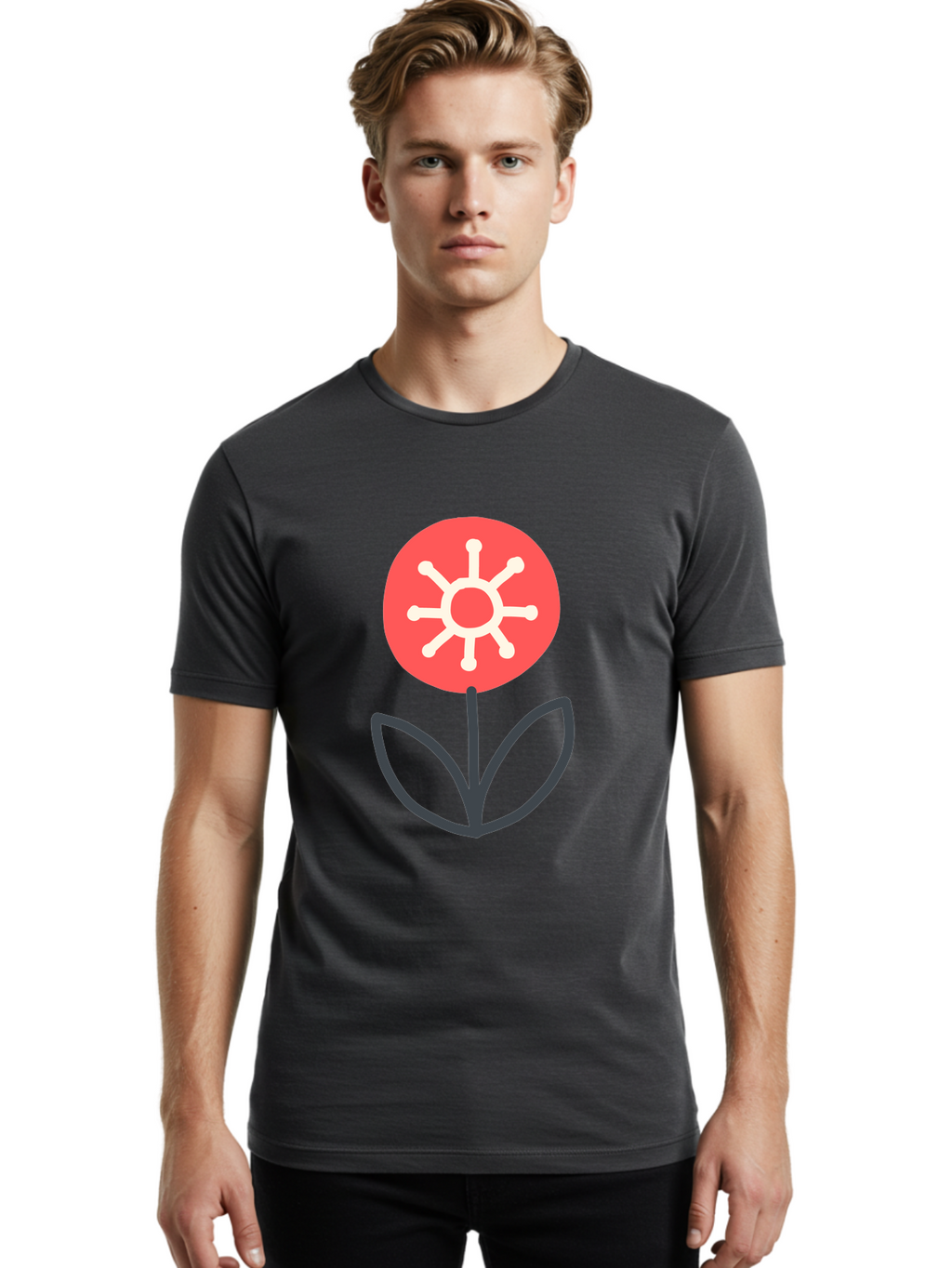 Sunflower-Icon Men'S Graphic Tee, 100% Cotton, Comfortable Casual Summer Wear, Machine Washable, Stylized Sunflower, Simple Flower Design, Abstract Sun Symbol, Red And White Colors, Minimalist Logo, Floral Icon, Modern Graphic Aab797