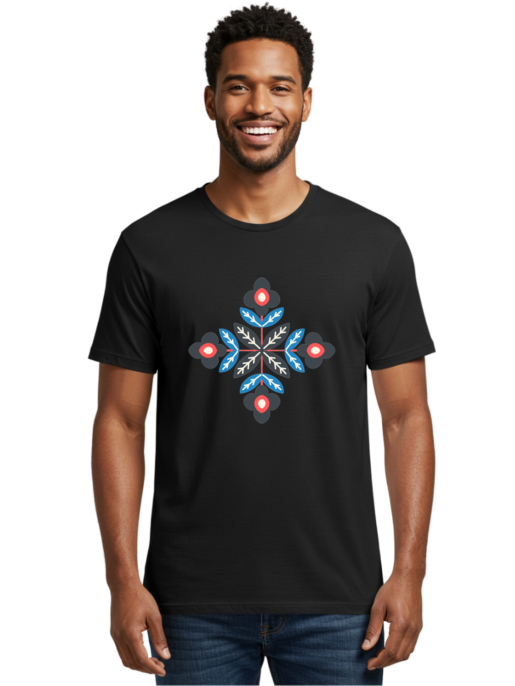 Symmetrical-Floral-Pattern-1 Men'S Graphic Tee, 100% Cotton, Comfortable Casual Summer Wear, Machine Washable, Symmetrical Floral Design, Graphic Illustration, Bold Colors, Geometric Shapes, Floral Motif, Abstract Art, Vibrant Pattern, Aab799