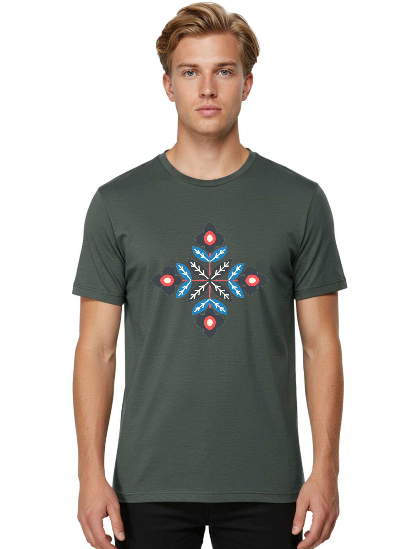 Symmetrical-Floral-Pattern-1 Men'S Graphic Tee, 100% Cotton, Comfortable Casual Summer Wear, Machine Washable, Symmetrical Floral Design, Graphic Illustration, Bold Colors, Geometric Shapes, Floral Motif, Abstract Art, Vibrant Pattern, Aab799