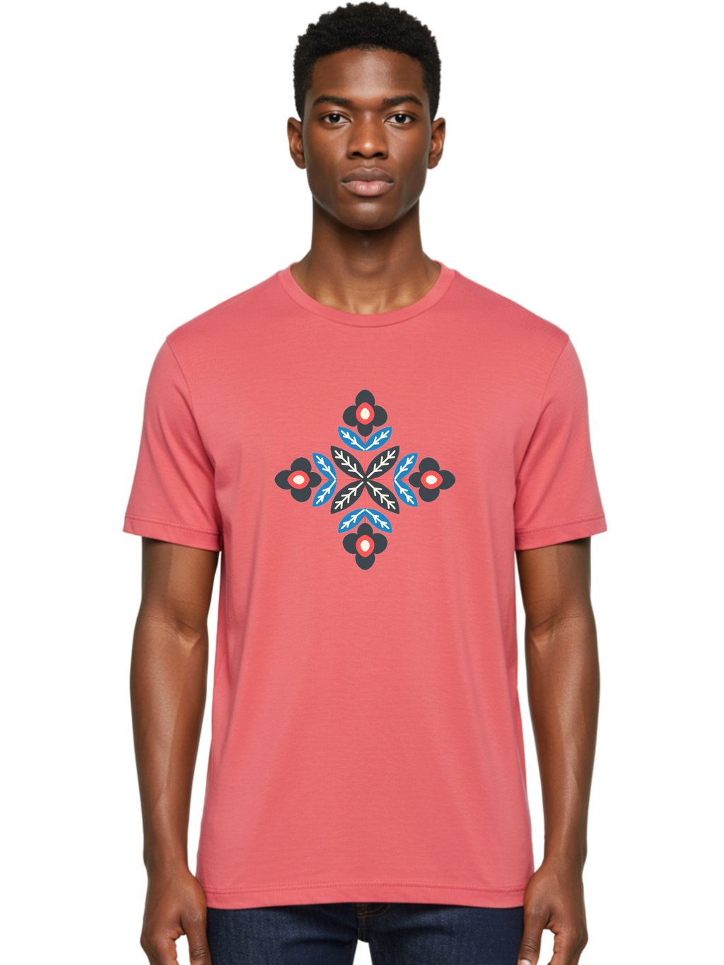 Symmetrical-Floral-Pattern-1 Men'S Graphic Tee, 100% Cotton, Comfortable Casual Summer Wear, Machine Washable, Symmetrical Floral Design, Graphic Illustration, Bold Colors, Geometric Shapes, Floral Motif, Abstract Art, Vibrant Pattern, Aab799